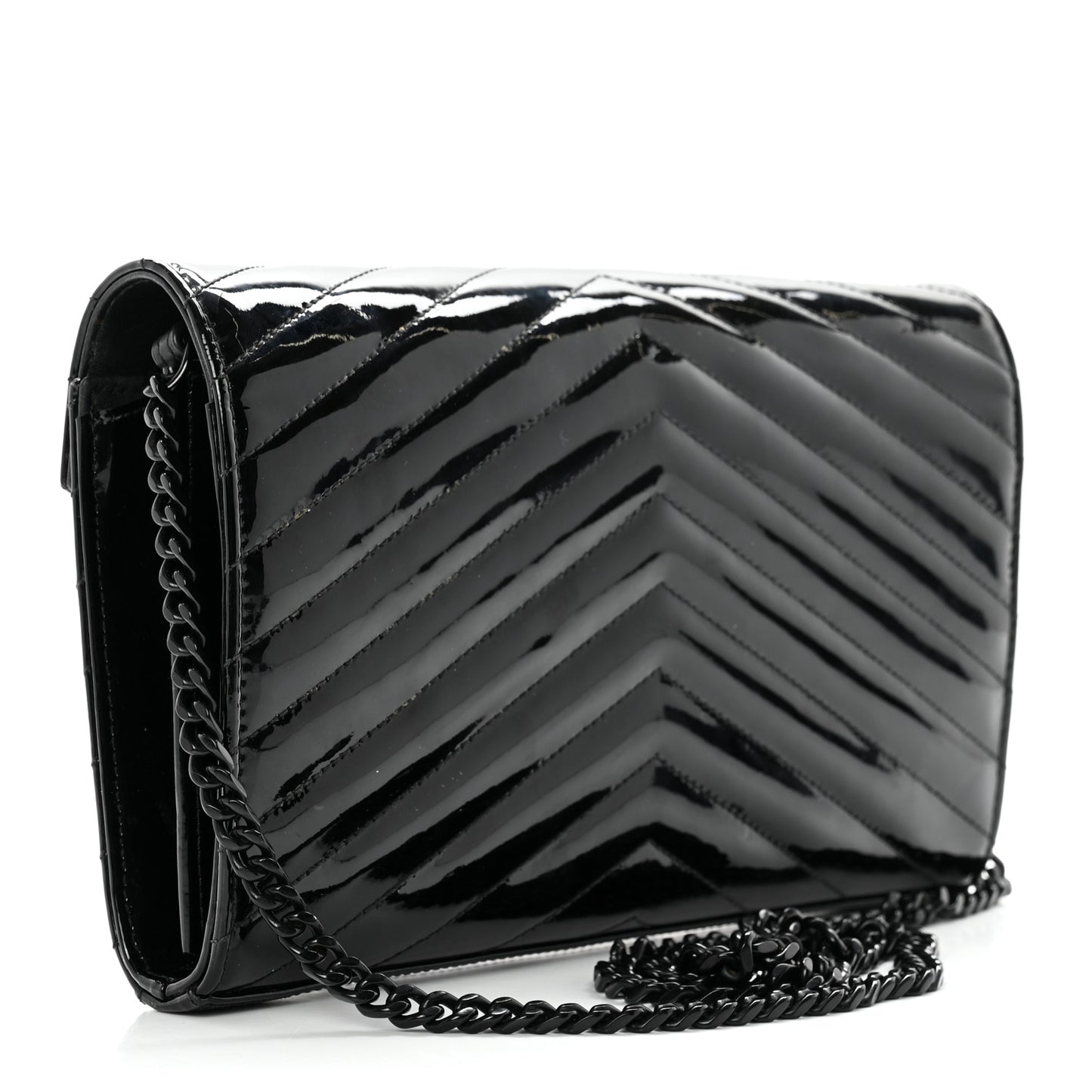Patent Matelasse Chevron Monogram Chain Wallet Black