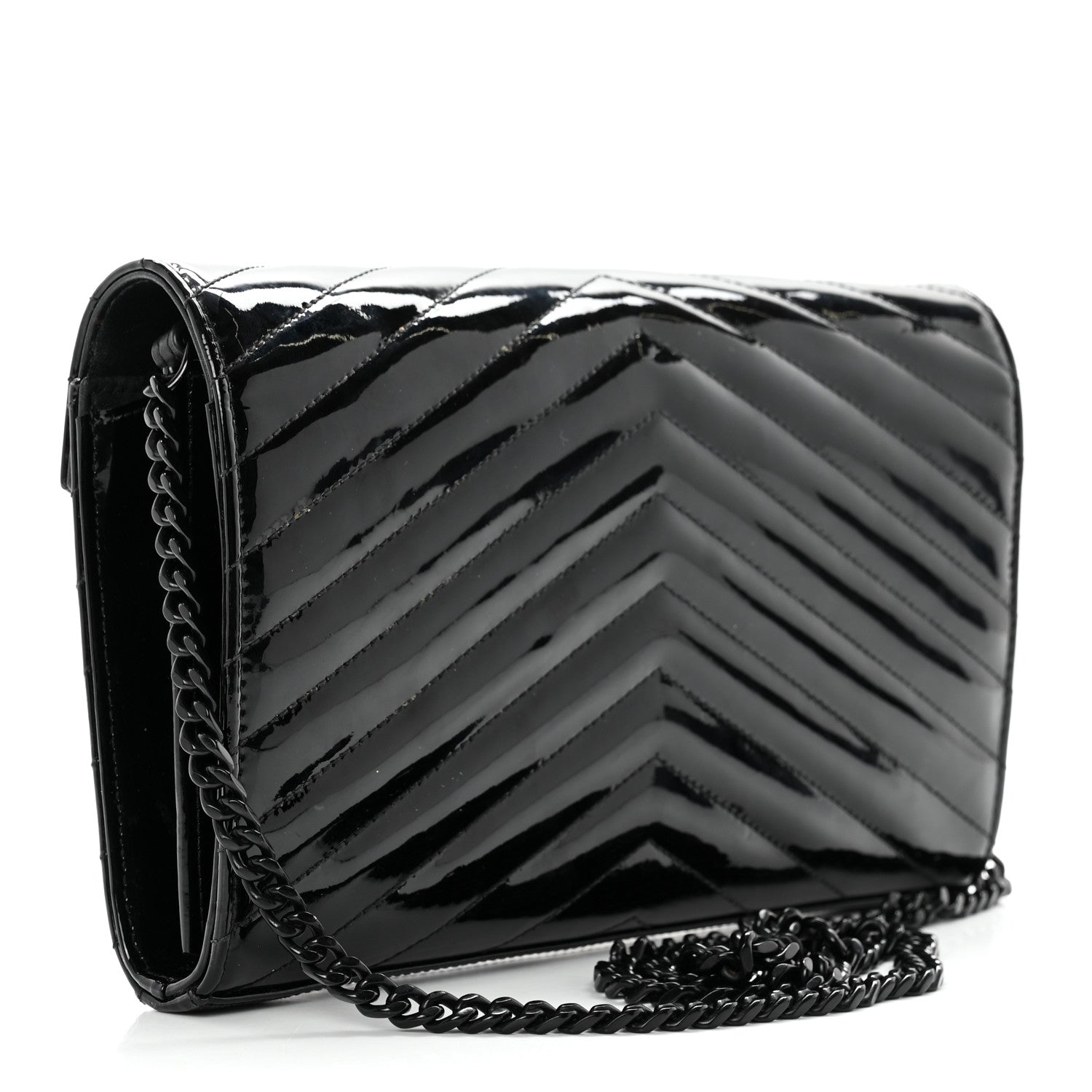 Saint Laurent Patent Matelasse Chevron Monogram Chain Wallet Black 2 of 6