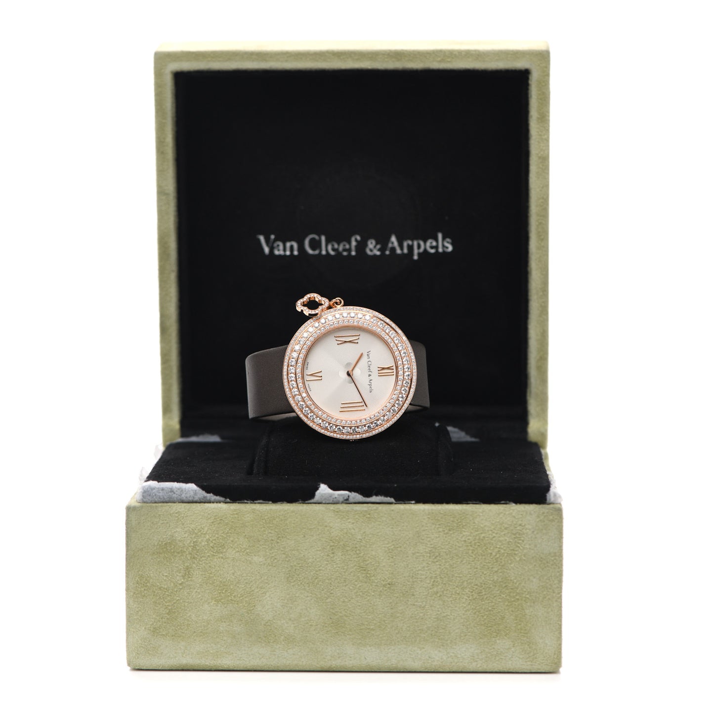 18K Rose Gold Satin Diamond Pave Bezel 38mm Charms Quartz Watch