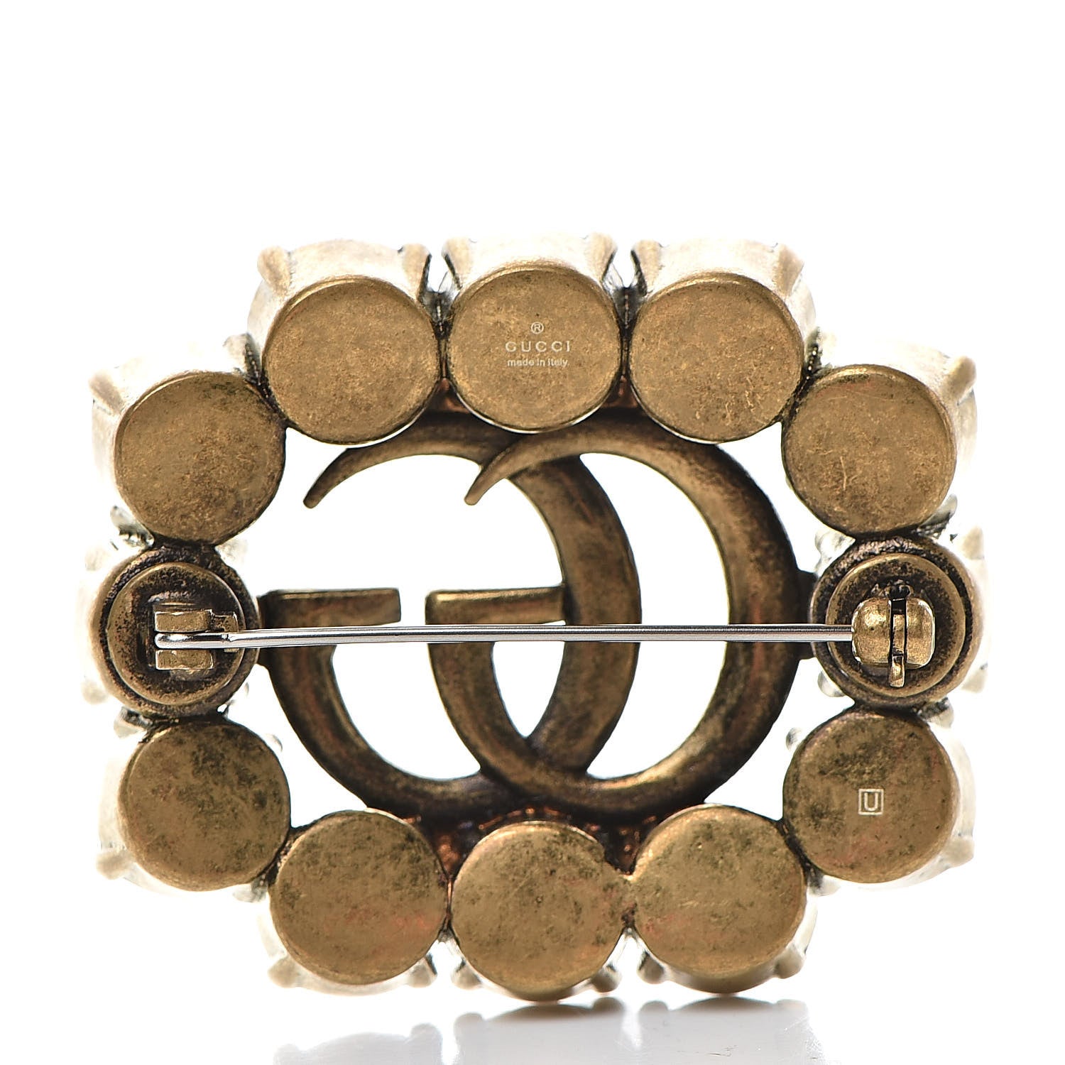 Gucci Metal Crystal Double G Brooch Aged Gold 3 of 5