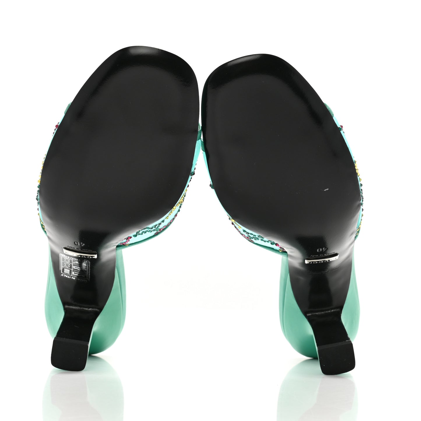 Tela Retino Nappa Crystal GG Monogram Square G 95mm Slide Sandals 40 Turquoise