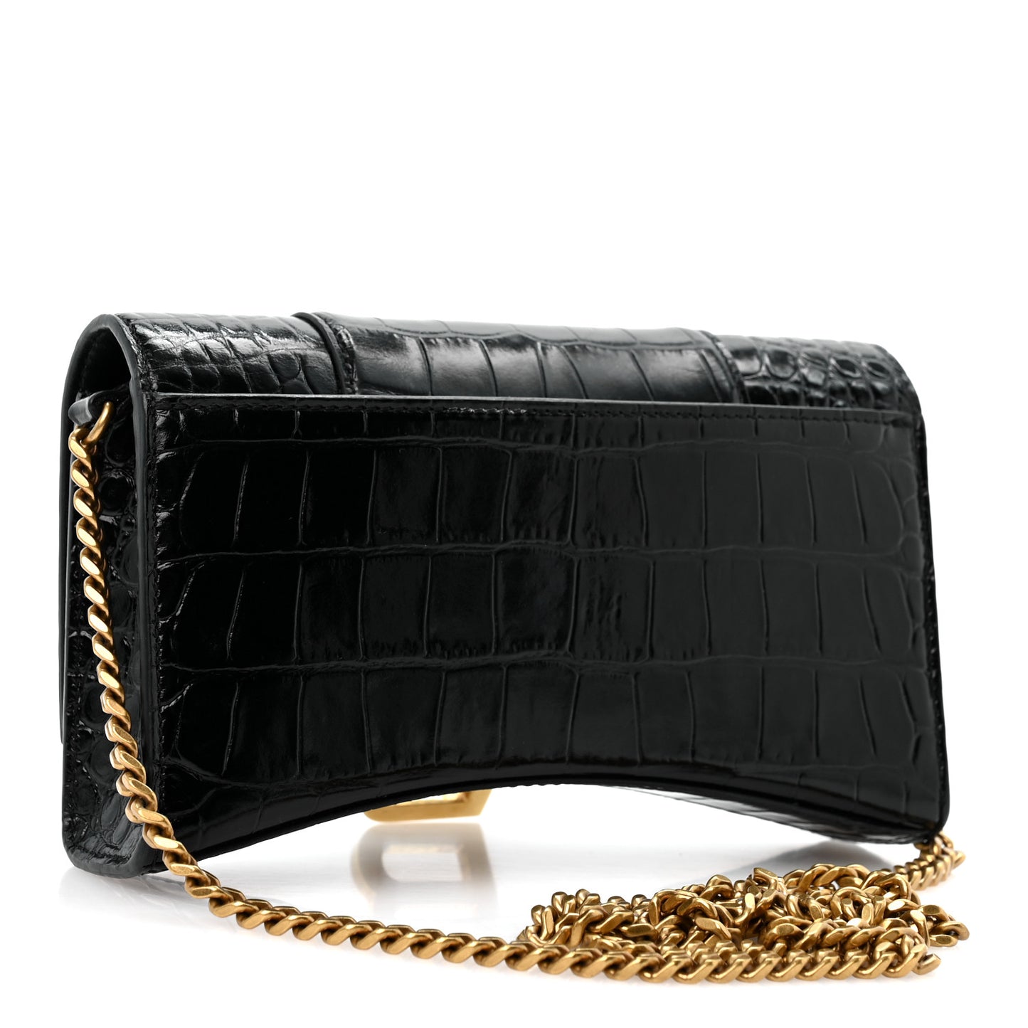 Shiny Calfskin Crocodile Embossed Hourglass Chain Bag Black
