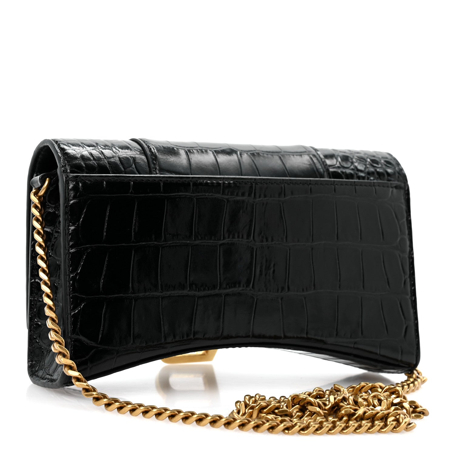 Balenciaga Shiny Calfskin Crocodile Embossed Hourglass Chain Bag Black 3 of 13