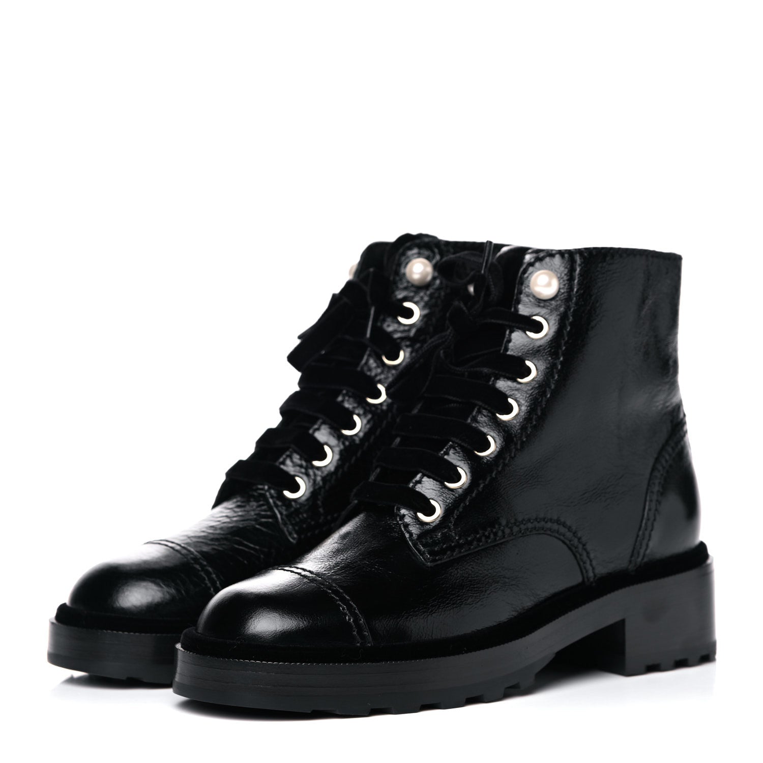 Chanel Shiny Calfskin Velvet Pearl Combat Short Boots 37 Black 3 of 13