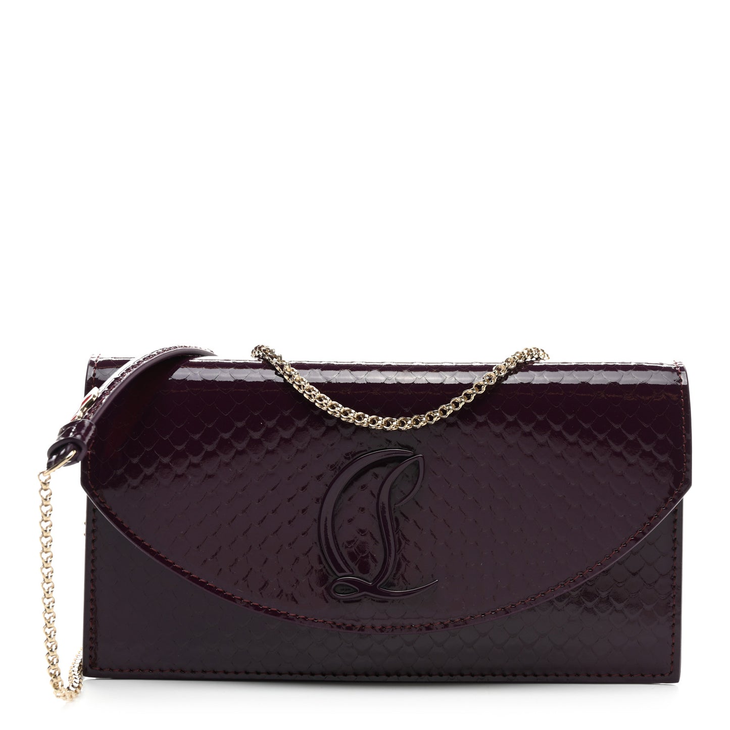 Patent Birdy Snakeskin Embossed Loubi54 Crossbody Clutch Merlot