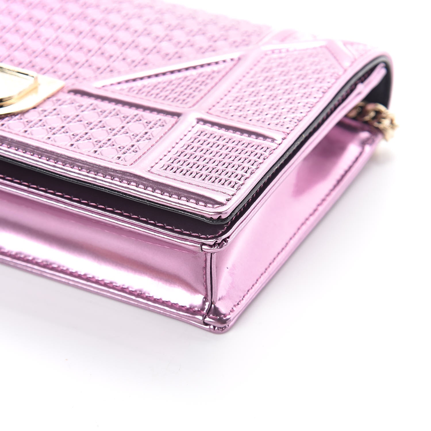 Christian Dior Metallic Patent Micro-Cannage Diorama Wallet on Chain Pouch Pink 8 of 9