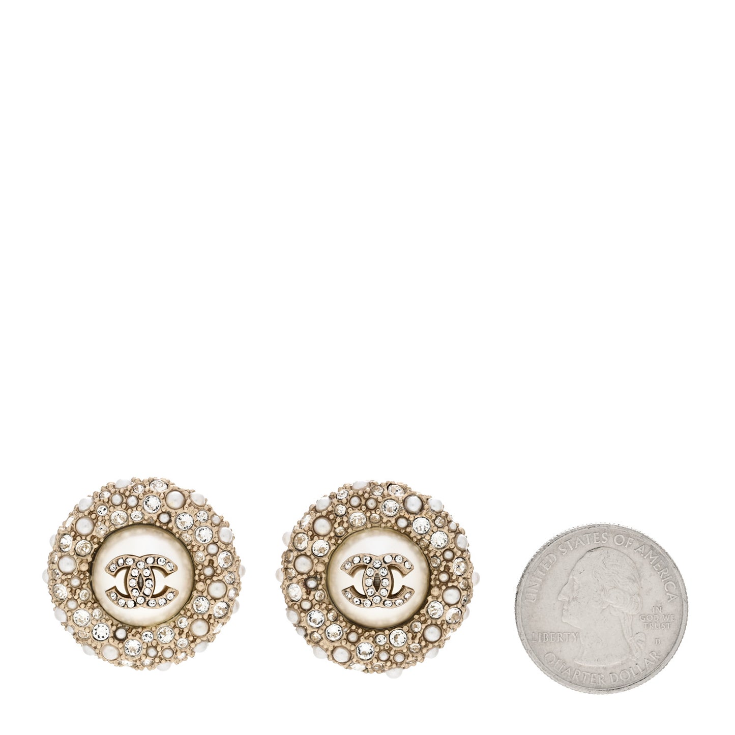 Pearl Crystal CC Round Earrings Light Gold