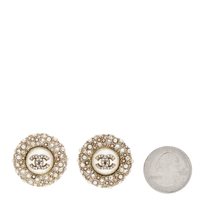 Chanel Pearl Crystal CC Round Earrings Light Gold 2 of 5
