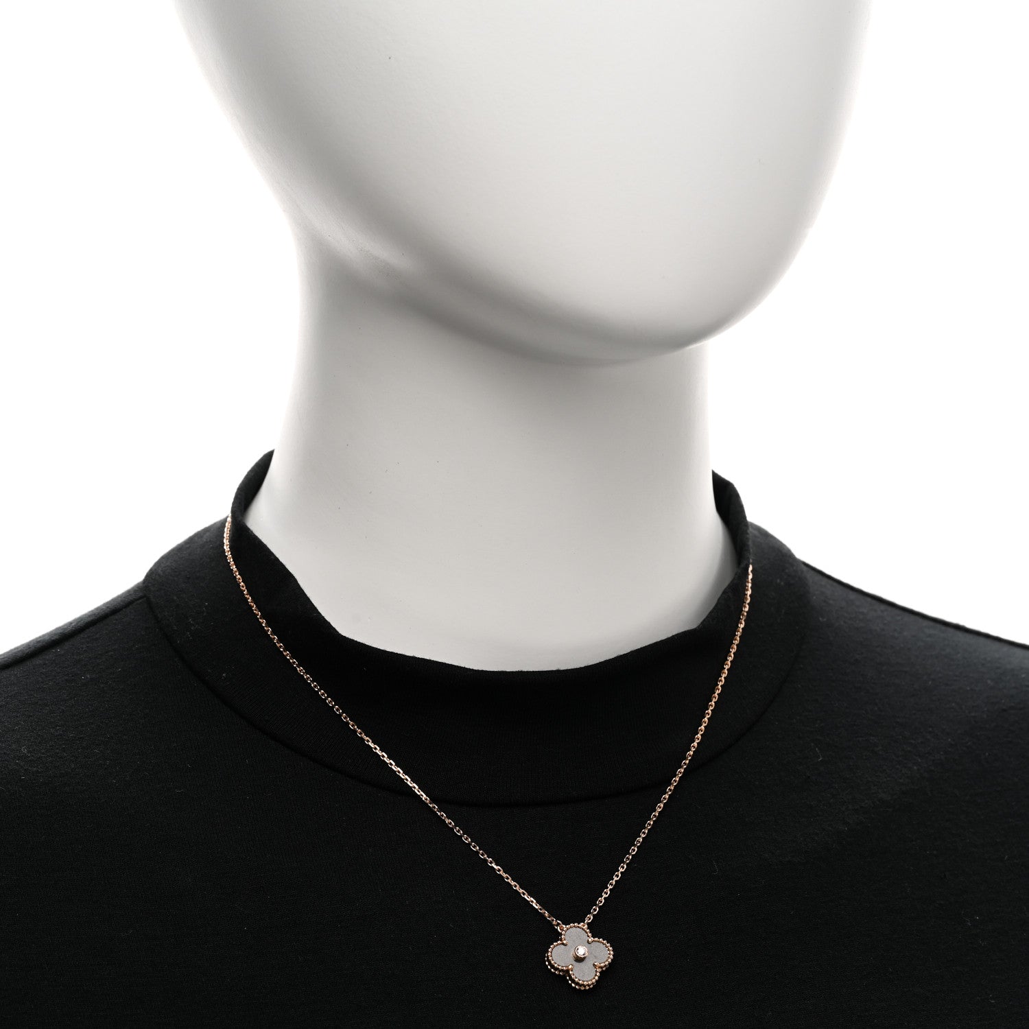Van Cleef & Arpels 18K Rose Gold Diamond Silver Obsidian Vintage Alhambra Pendant Necklace 2 of 5