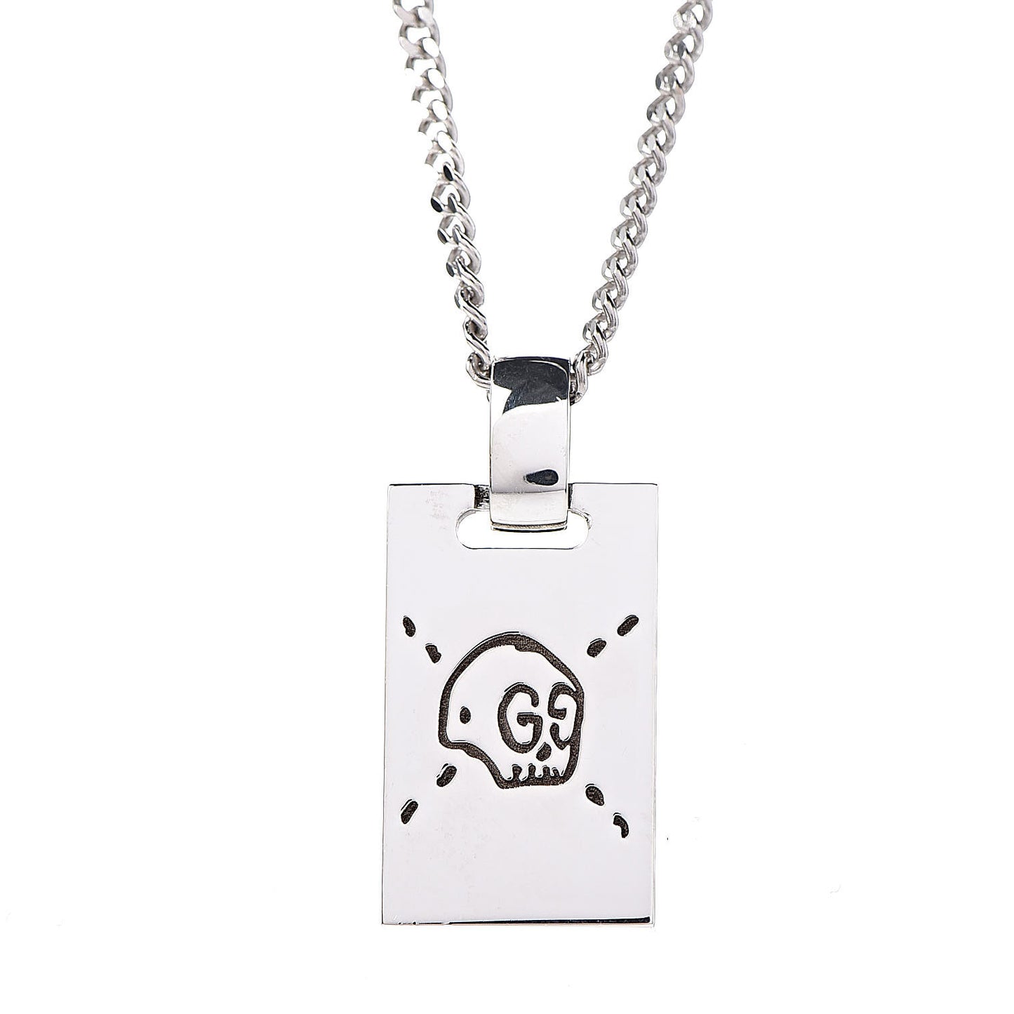 Sterling Silver GucciGhost Hamlet Skull Dog Tag Pendant Necklace
