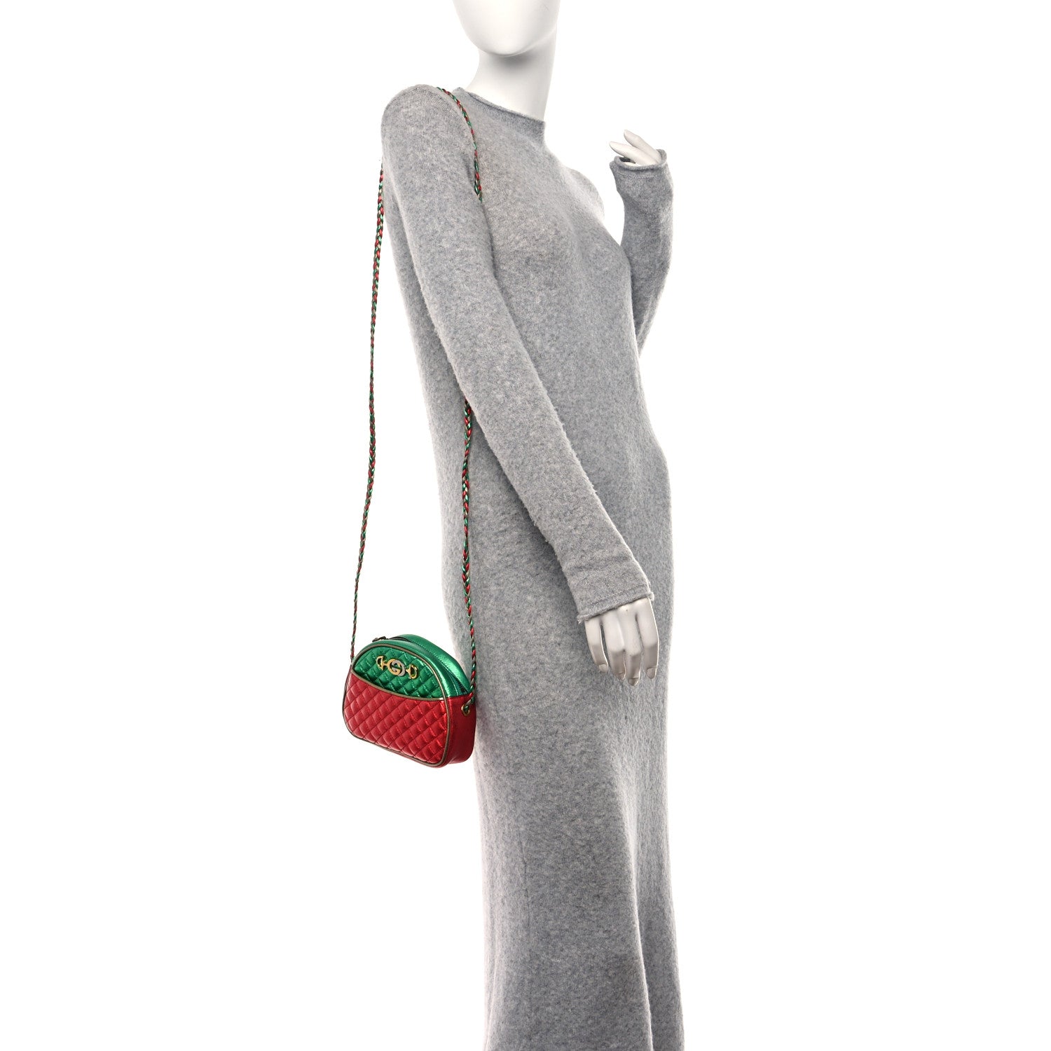 Gucci Laminated Nappa Trapuntata Mini Zumi Dome Shoulder Bag Rosso Jasmine Green Rame 2 of 11