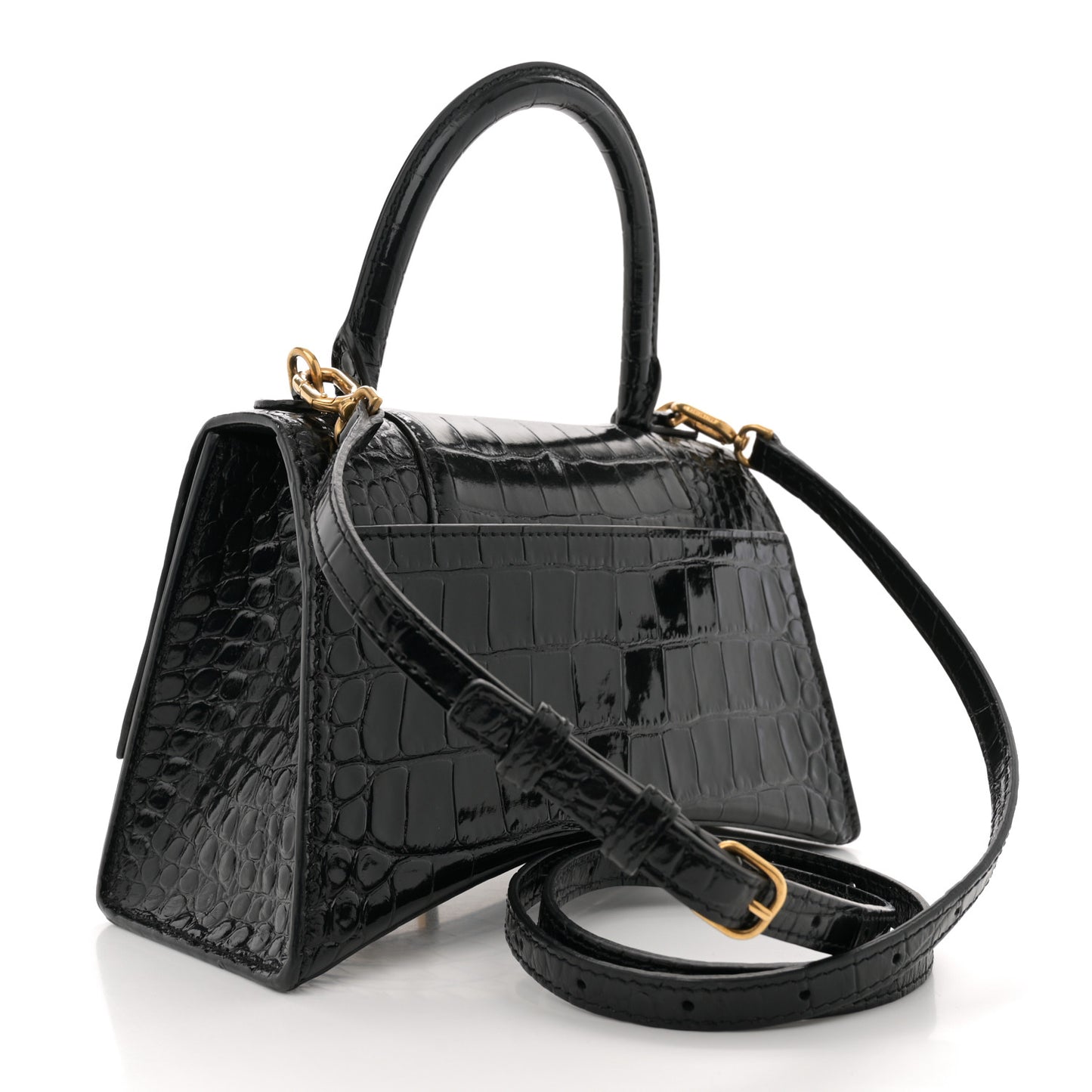 Shiny Calfskin Crocodile Embossed Small Hourglass Top Handle Bag Black
