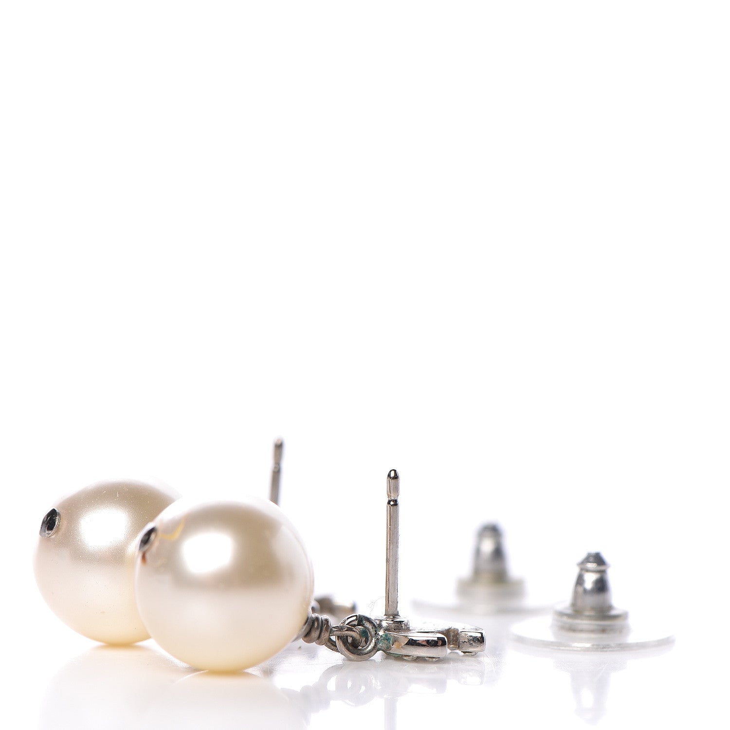 Chanel Crystal Pearl CC Drop Earrings Silver Pearly White 3 of 4