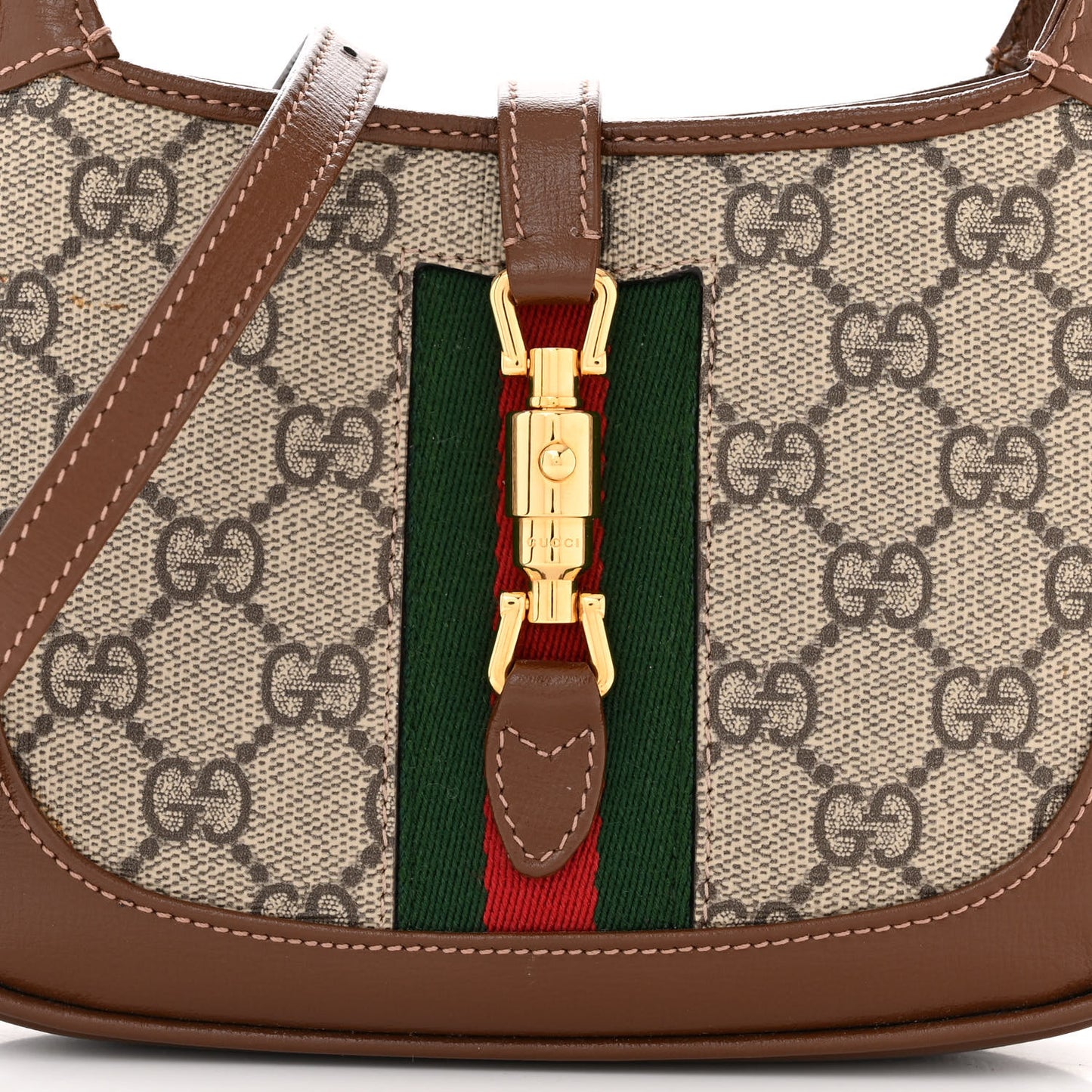 GG Supreme Monogram Azalea Calfskin Web Mini Jackie 1961 Hobo Beige Ebony Brown Sugar