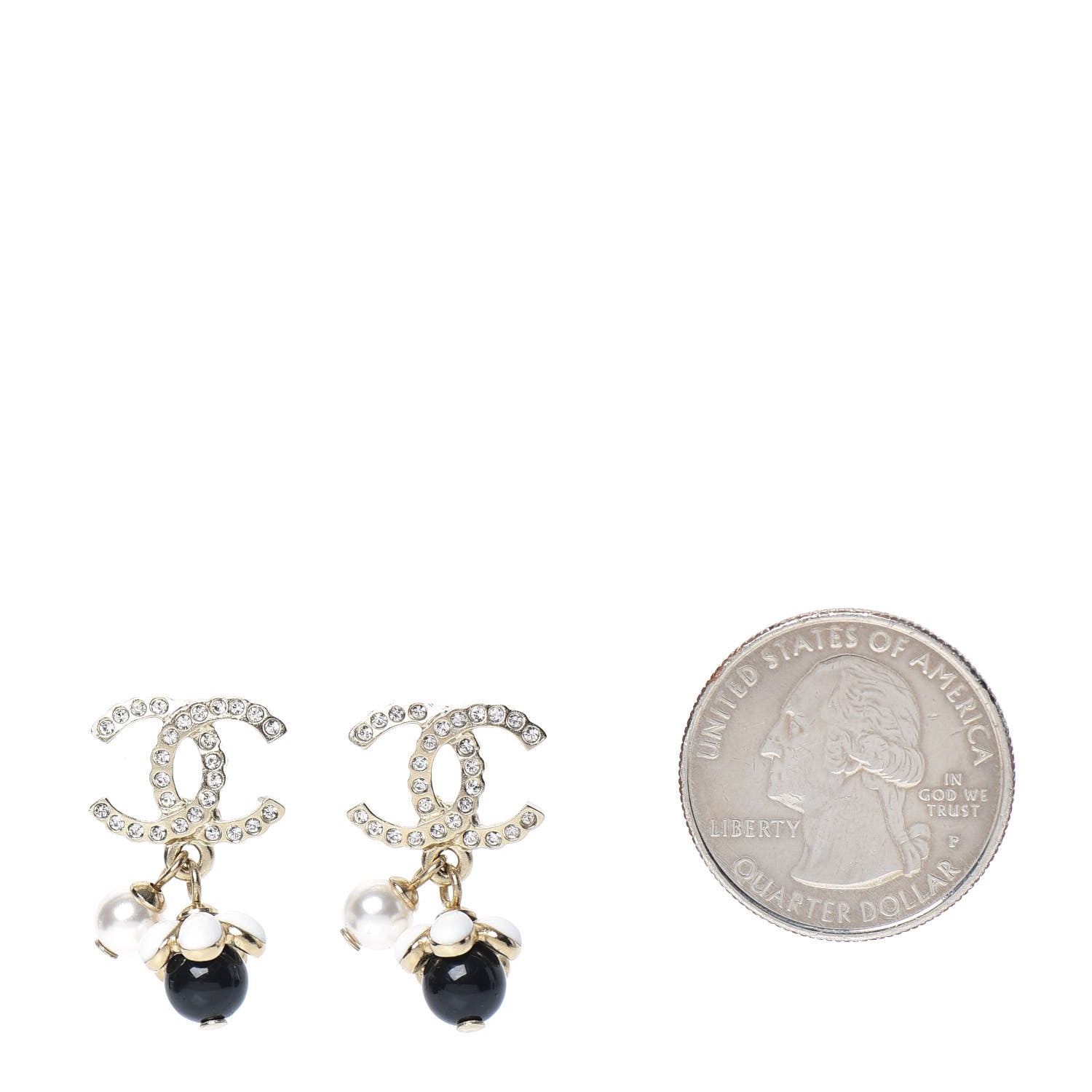 Chanel Crystal Bead Pearl CC Drop Earrings Gold White Black 2 of 5