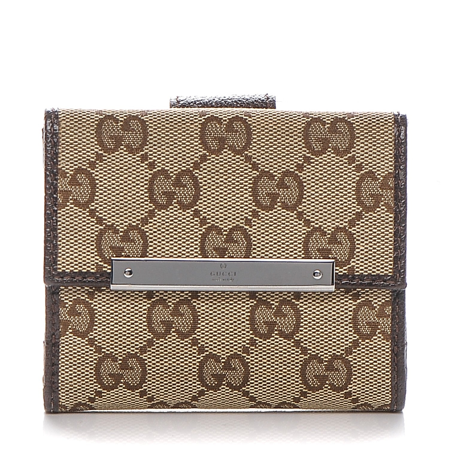 Gucci Monogram Textured Calfskin Metal Bar French Flap Wallet Beige Ebony Cocoa 1 of 7
