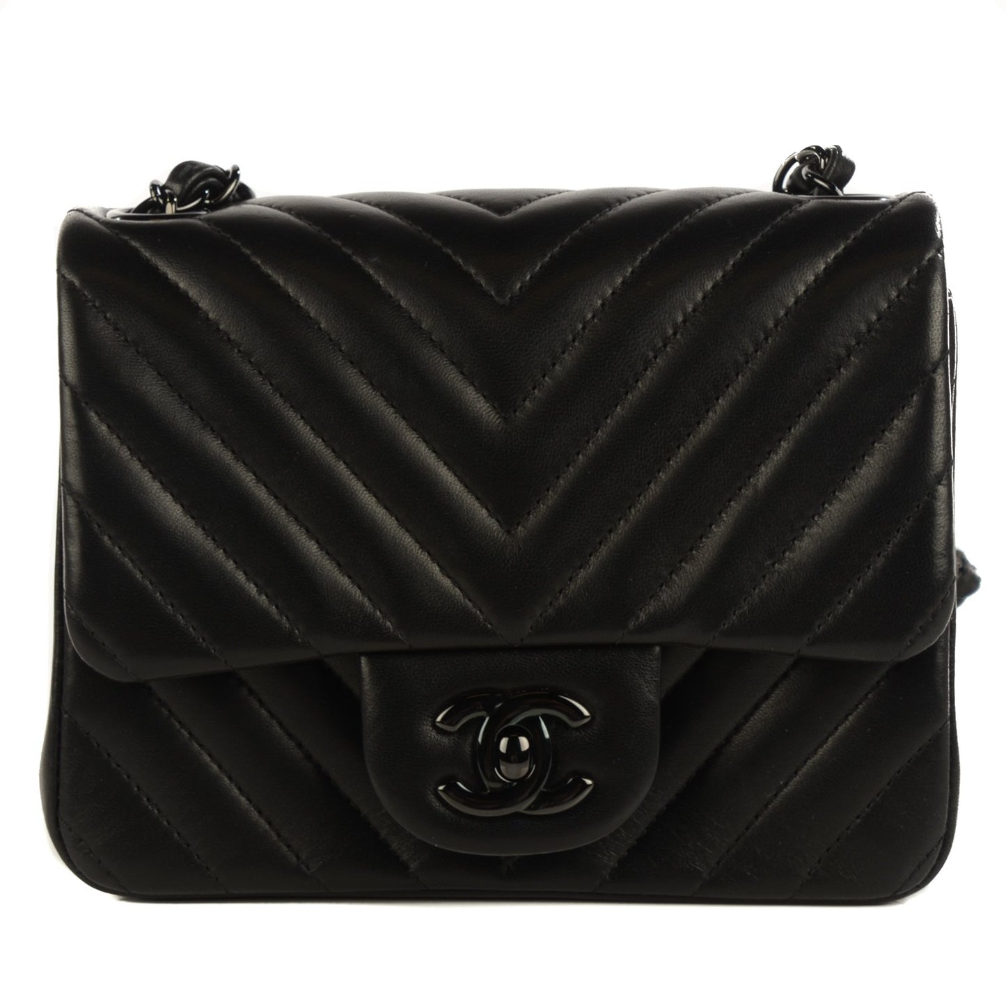 Lambskin Chevron Quilted Mini Square Flap So Black