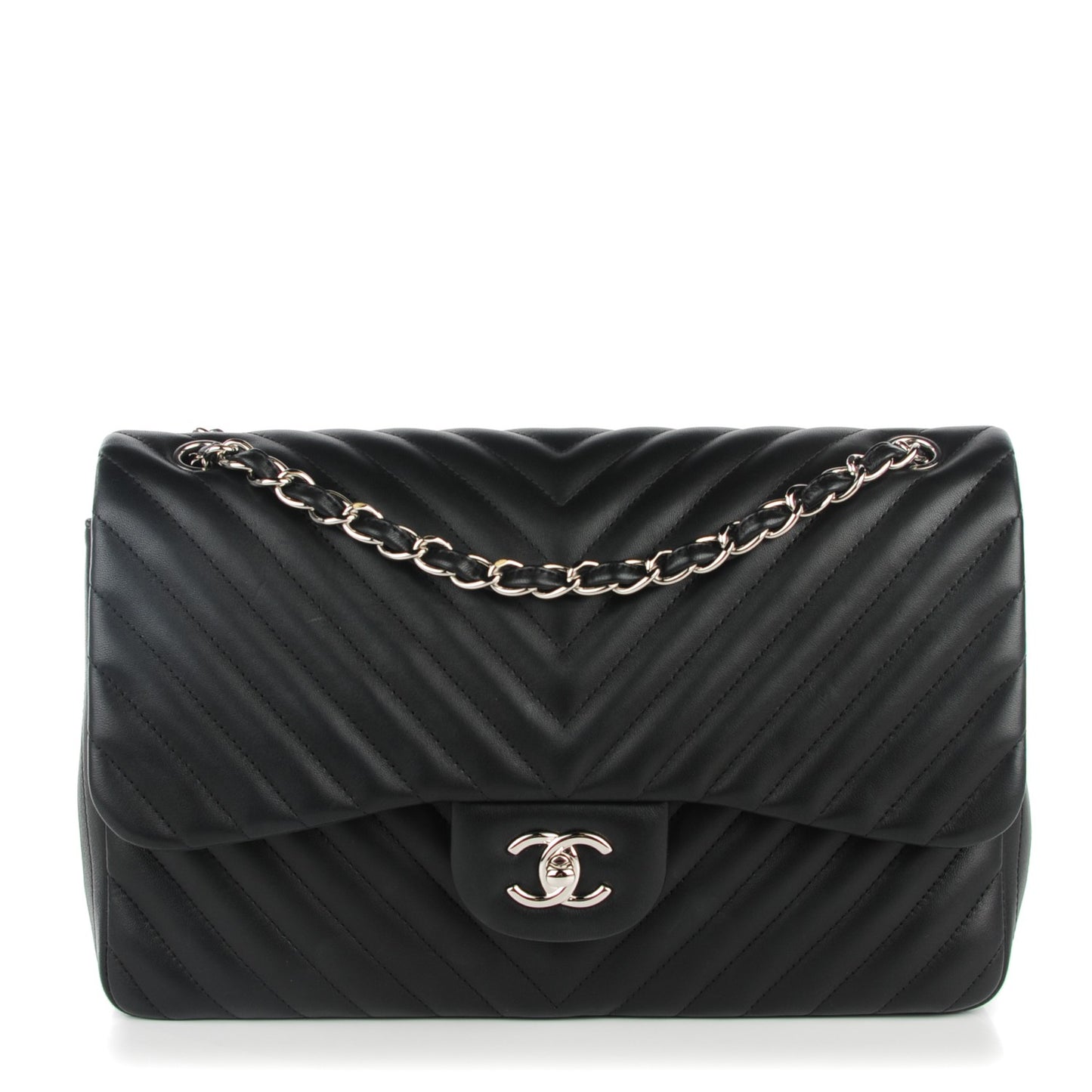 Lambskin Chevron Quilted Jumbo Double Flap Black