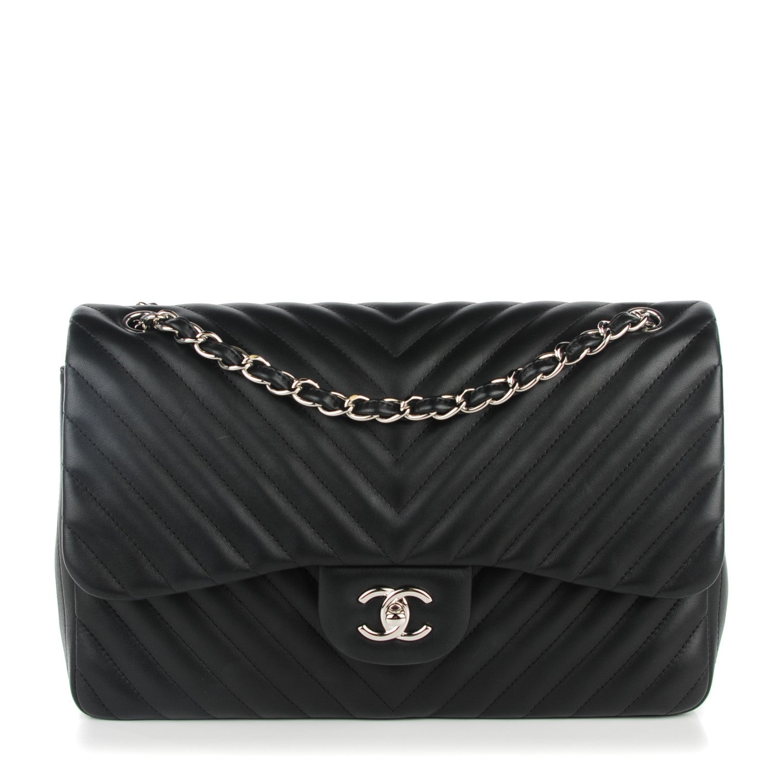 Chanel Lambskin Chevron Quilted Jumbo Double Flap Black 1 of 9