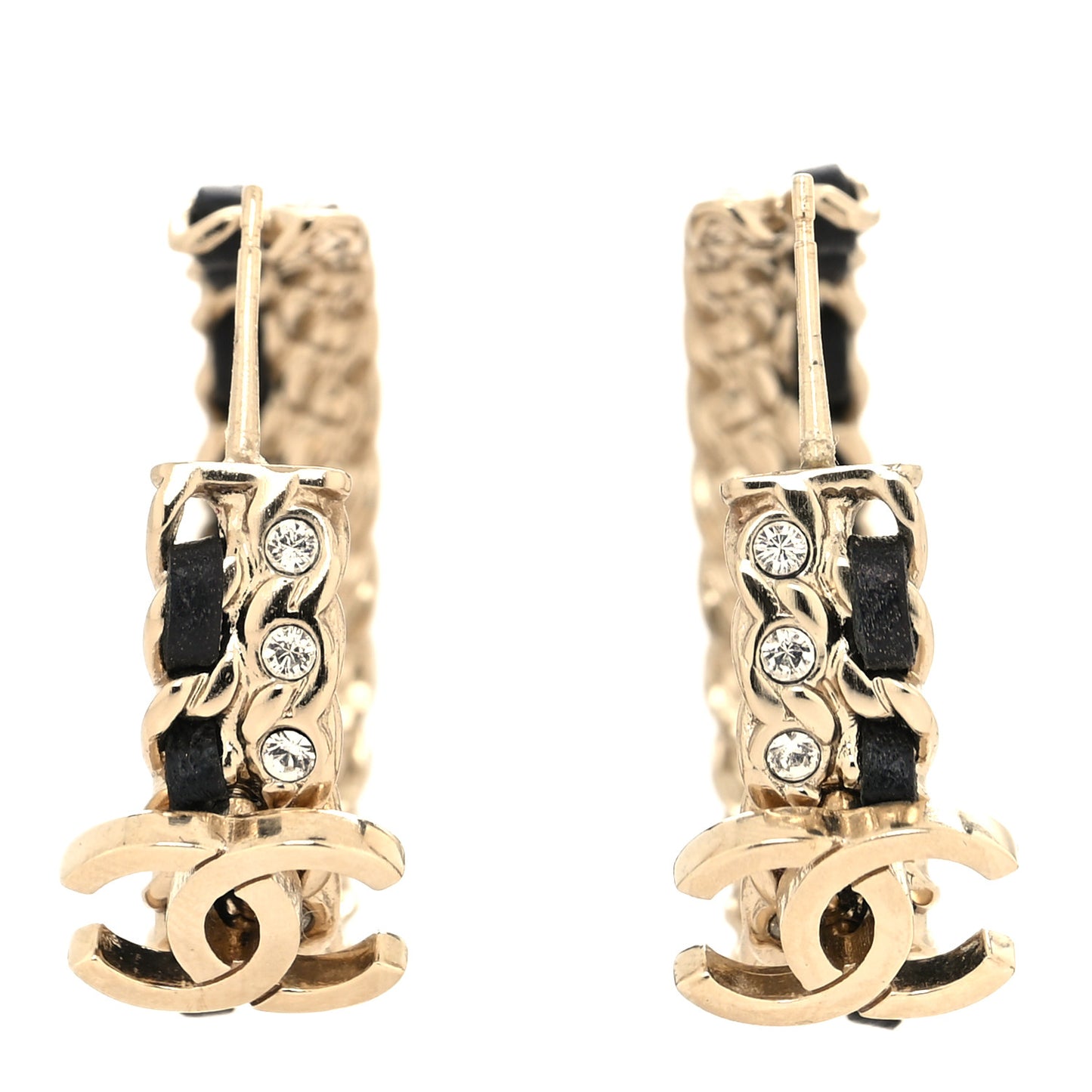 Crystal Lambskin CC Chain Hoop Earrings Gold Black