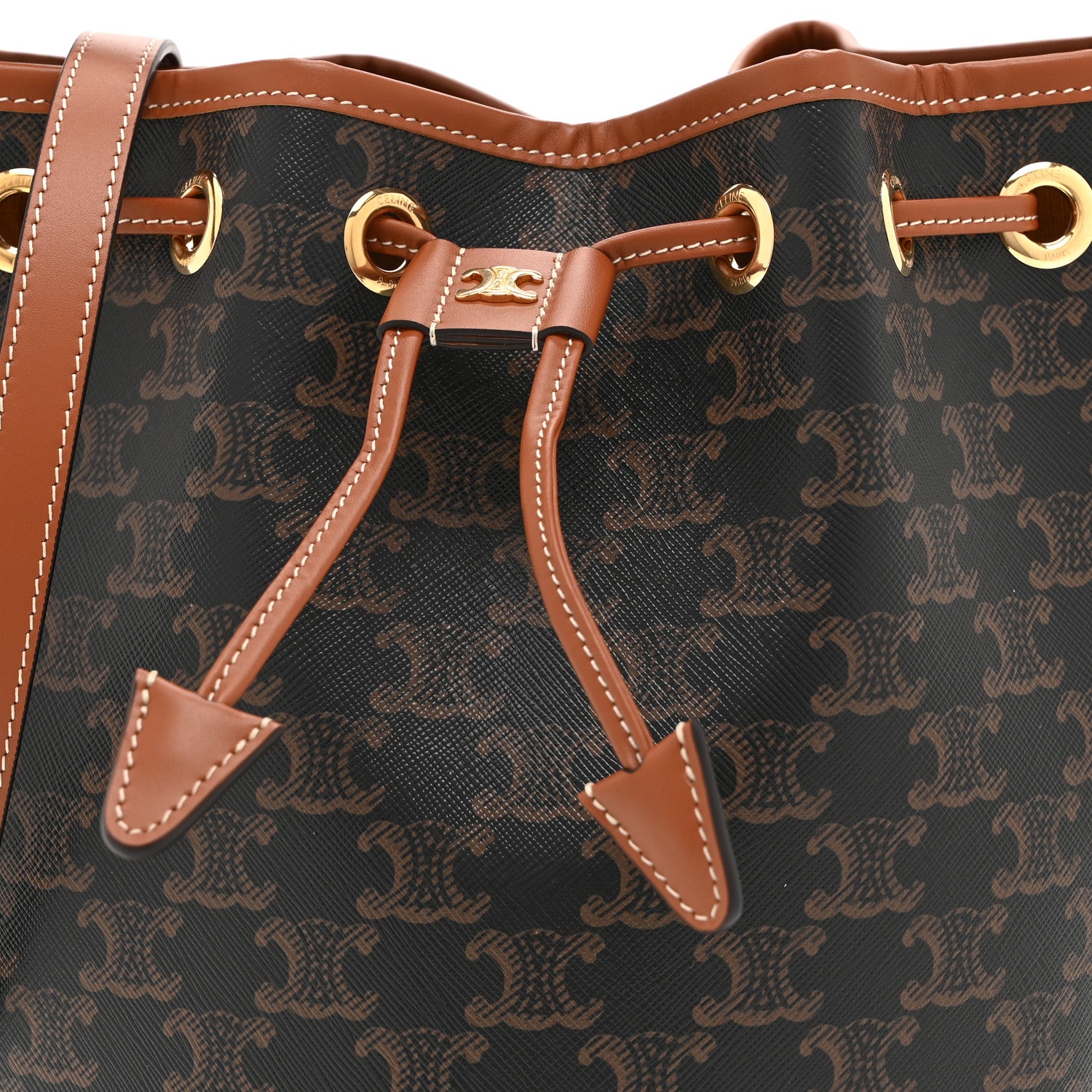 Celine Triomphe Canvas Calfskin Clara Drawstring Bucket Bag Tan 9 of 11