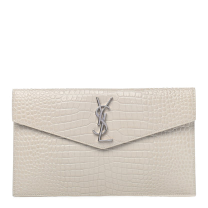 Saint Laurent Calfskin Crocodile Embossed Uptown Monogram Pouch Crema Soft 1 of 9
