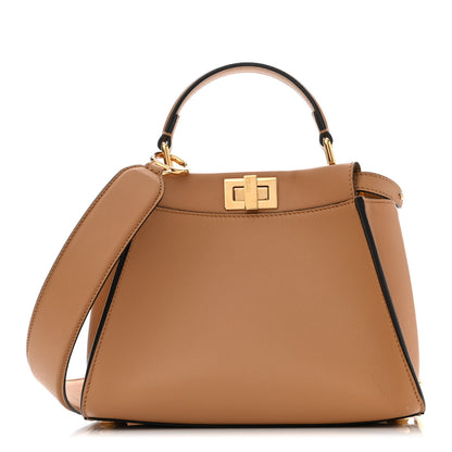 Fendi Vitello Seta Canvas FF Embroidered Mini Peekaboo Iconic Satchel Miele Scuro Poudre 1 of 10