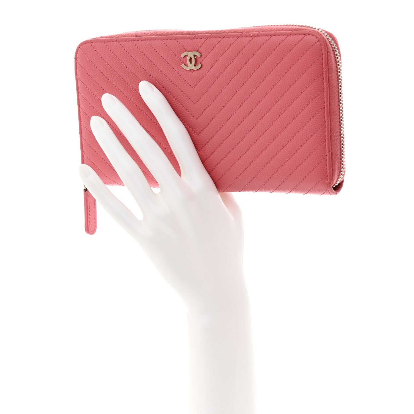 Caviar Chevron Large Gusset Zip Around Wallet Pink