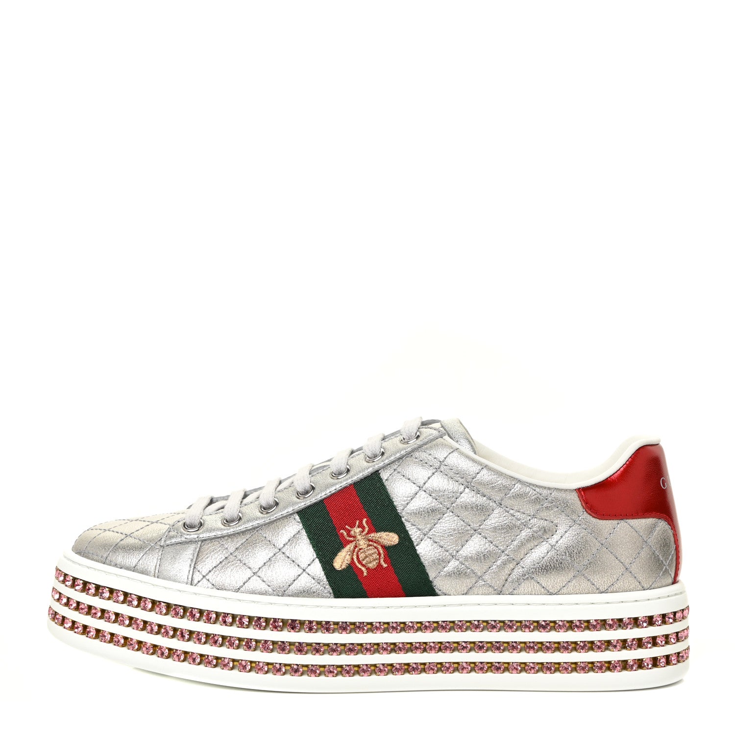 Gucci Laminated Nappa Crystal Web Bee Embroidered Trapuntata Womens Ace Platform Sneakers 38.5 Argento 1 of 16