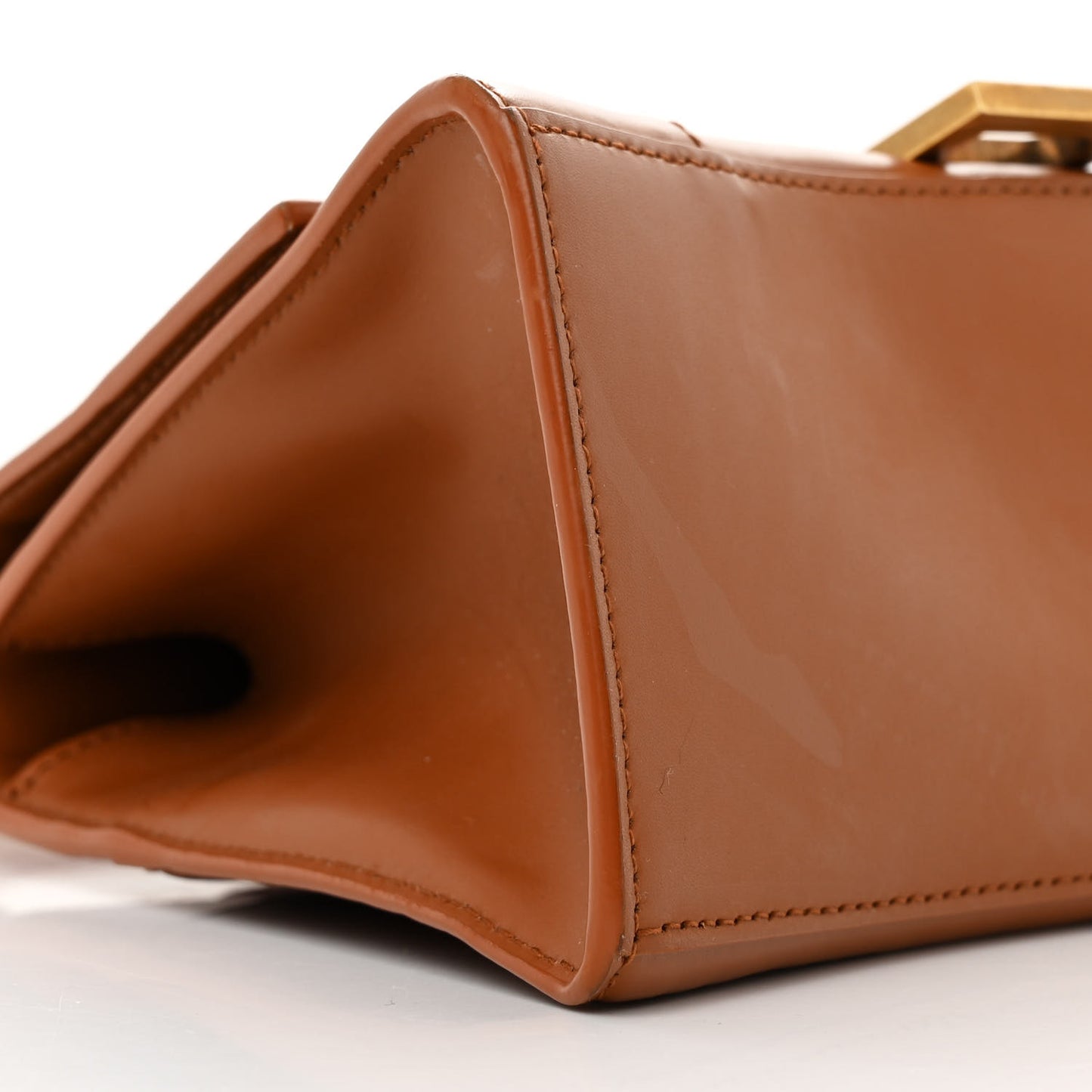 Shiny Box Calfskin Small Hourglass Top Handle Bag Camel