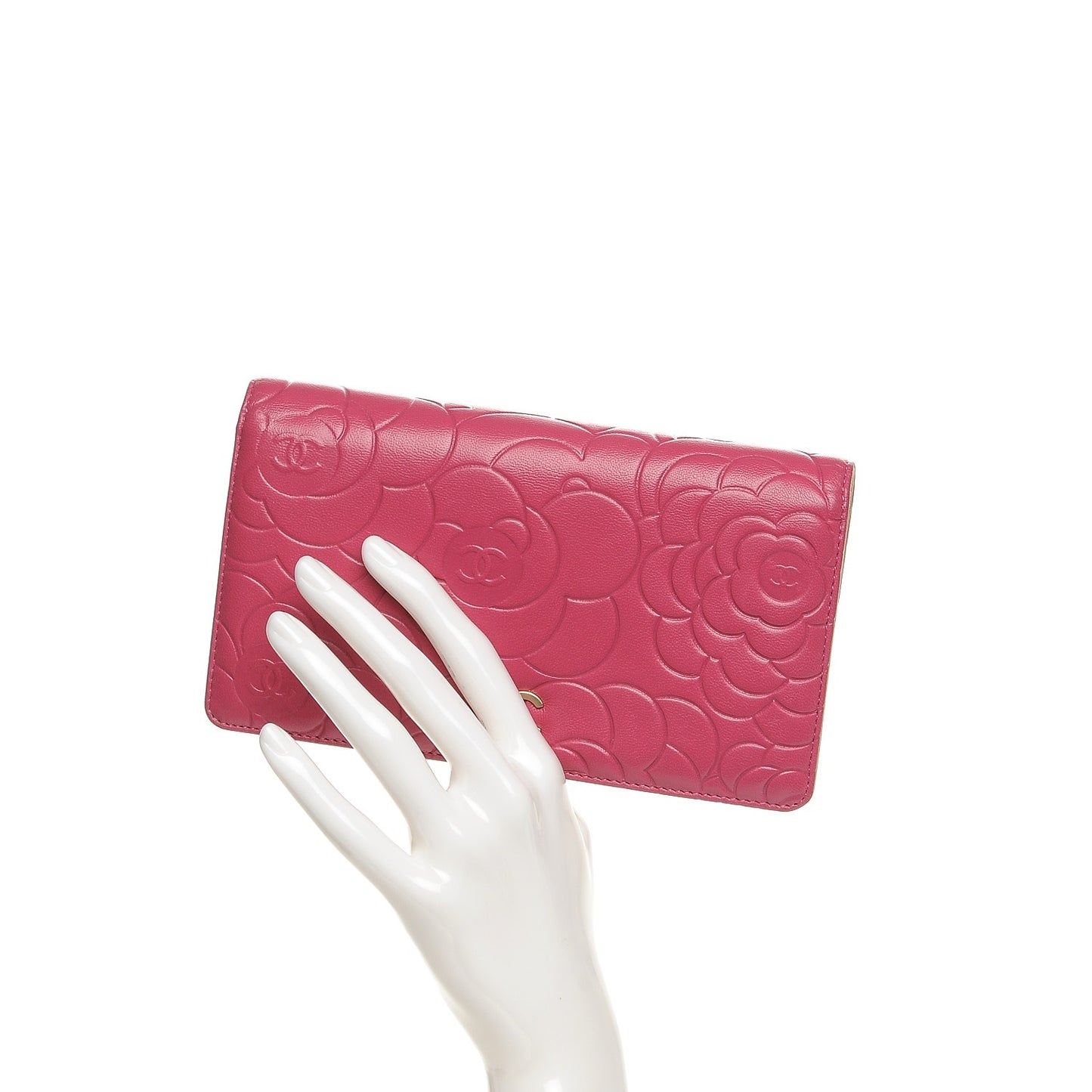 Lambskin Camellia Embossed Yen Wallet Fuchsia