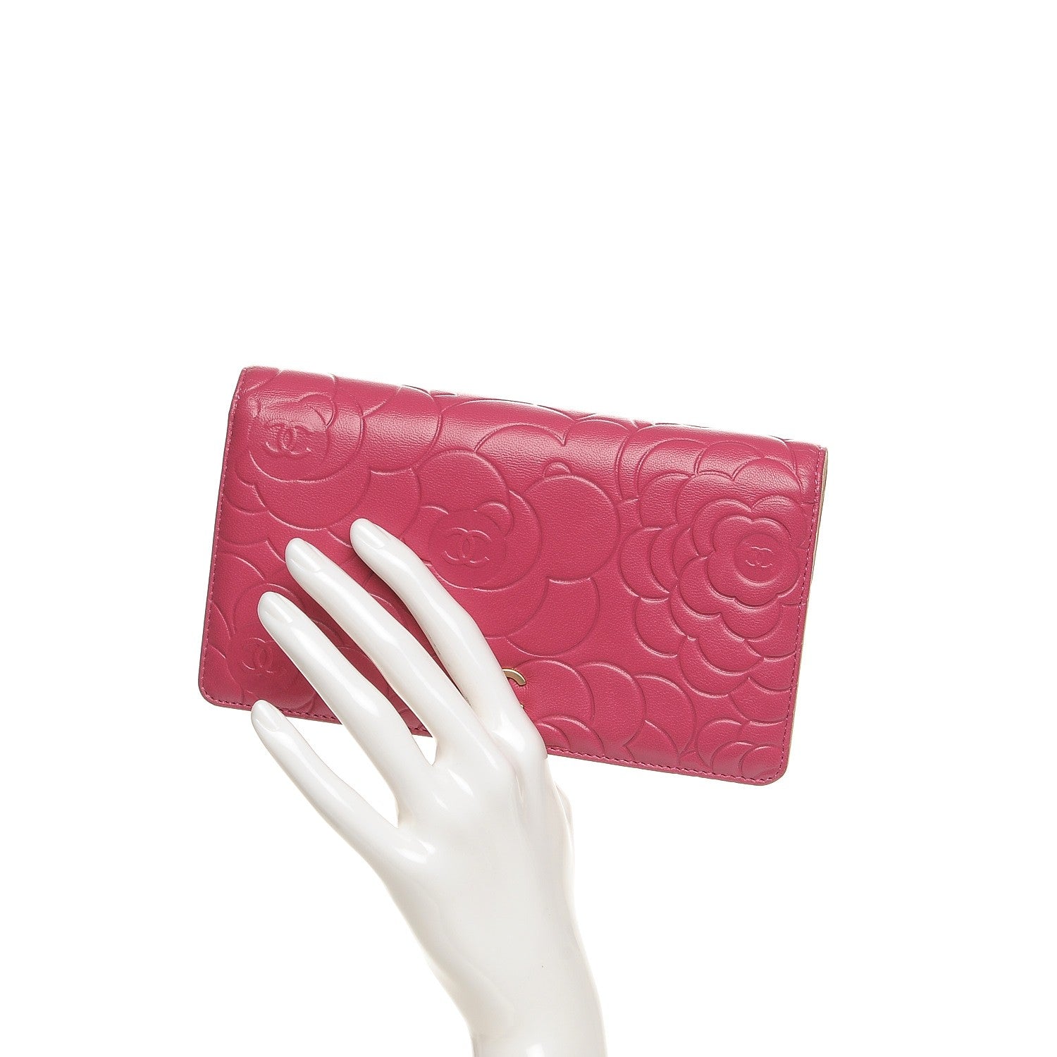 Chanel Lambskin Camellia Embossed Yen Wallet Fuchsia 2 of 8