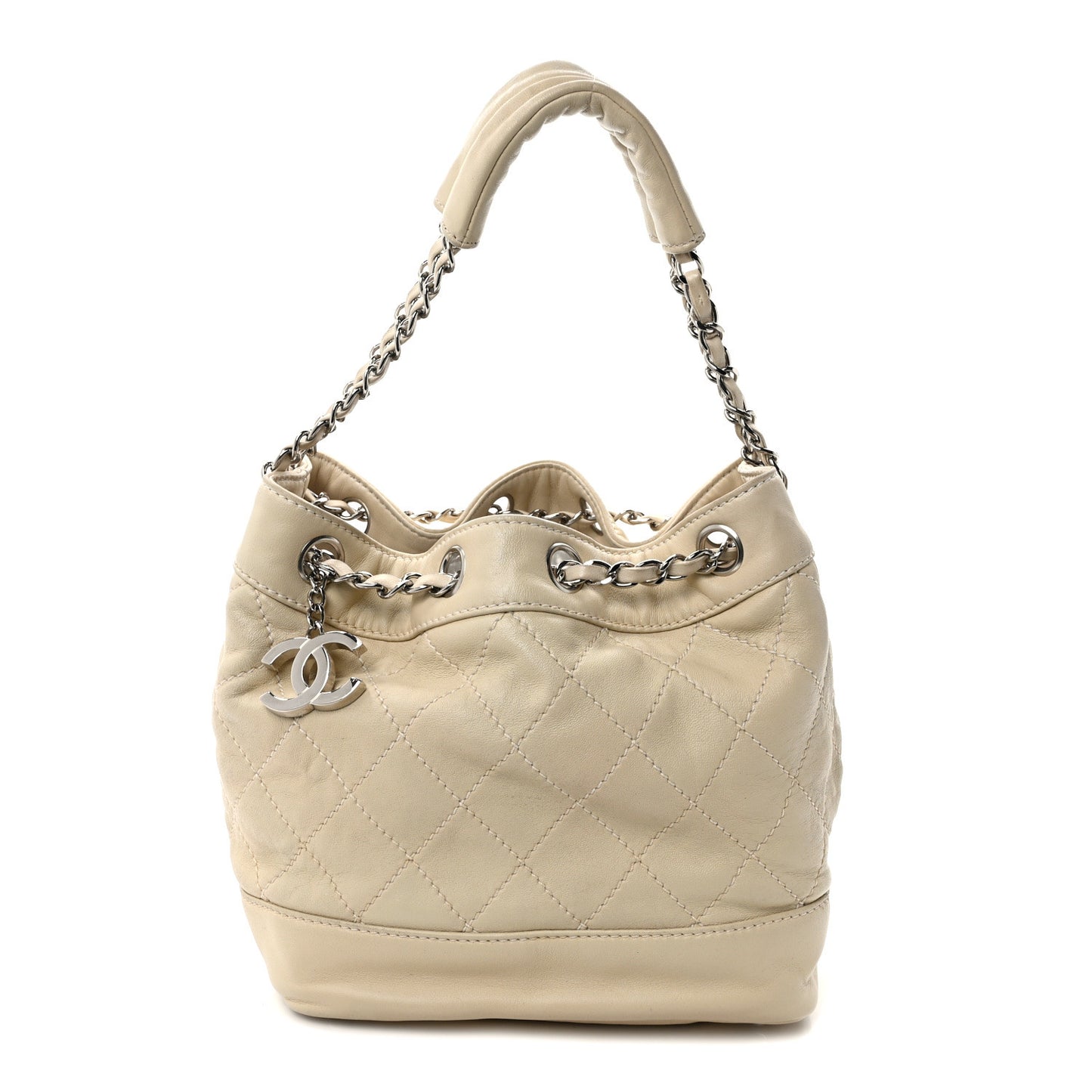 Lambskin Contrast Stitch Small Drawstring Tote Ivory