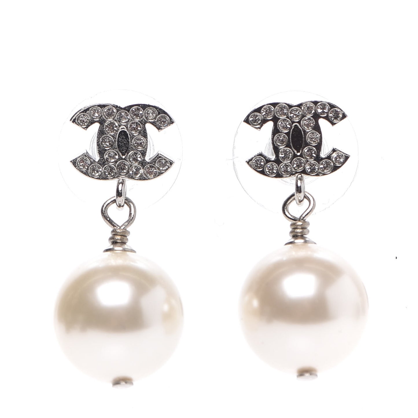 Crystal Pearl CC Drop Earrings Silver