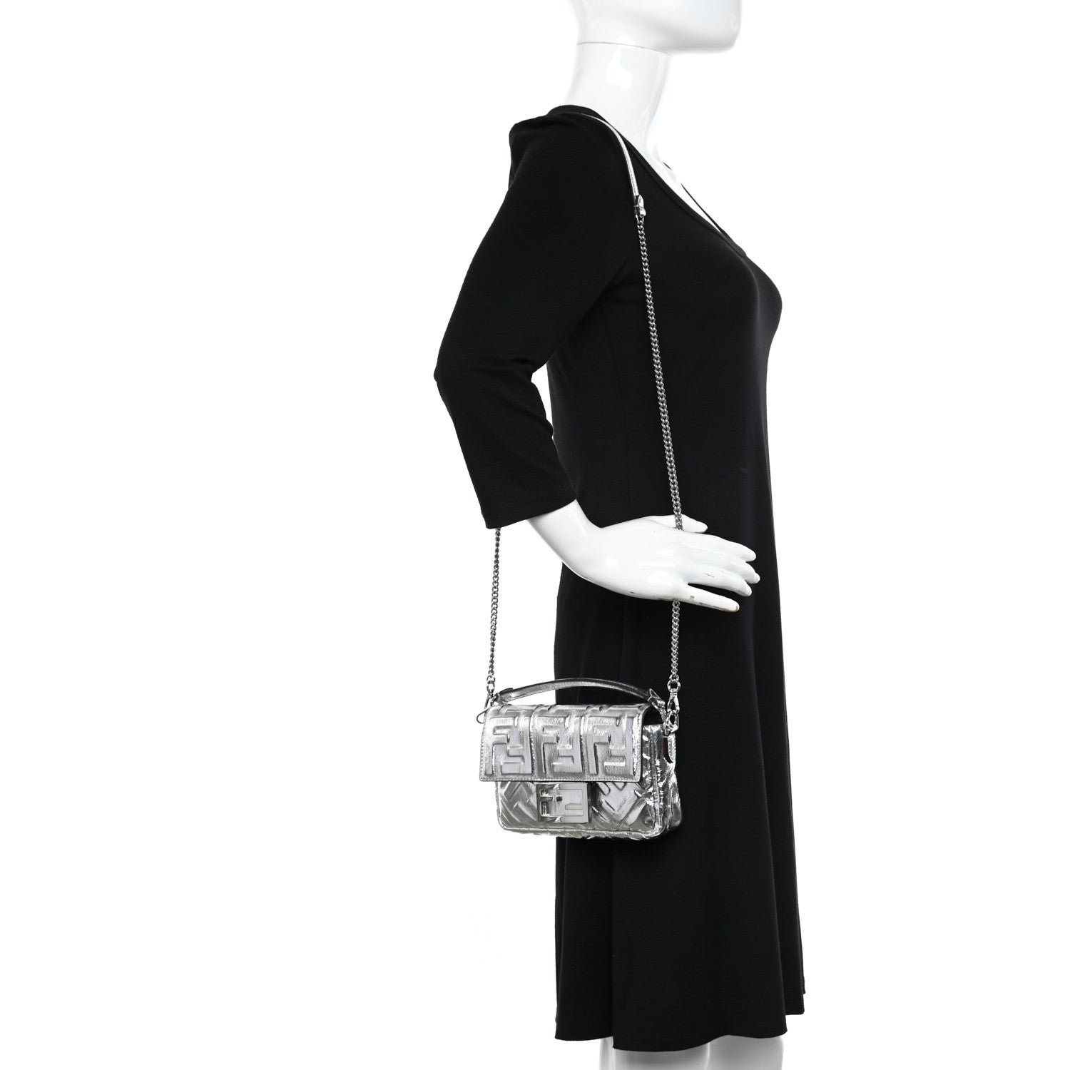 Fendi Vitello Catalan Mirror FF 1974 Embossed Mini Baguette Argento 2 of 9