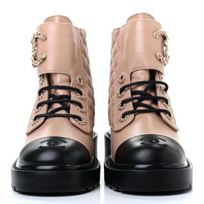Chanel Shiny Lambskin Quilted Lace Up Combat Boots 35 Beige Black 2 of 8