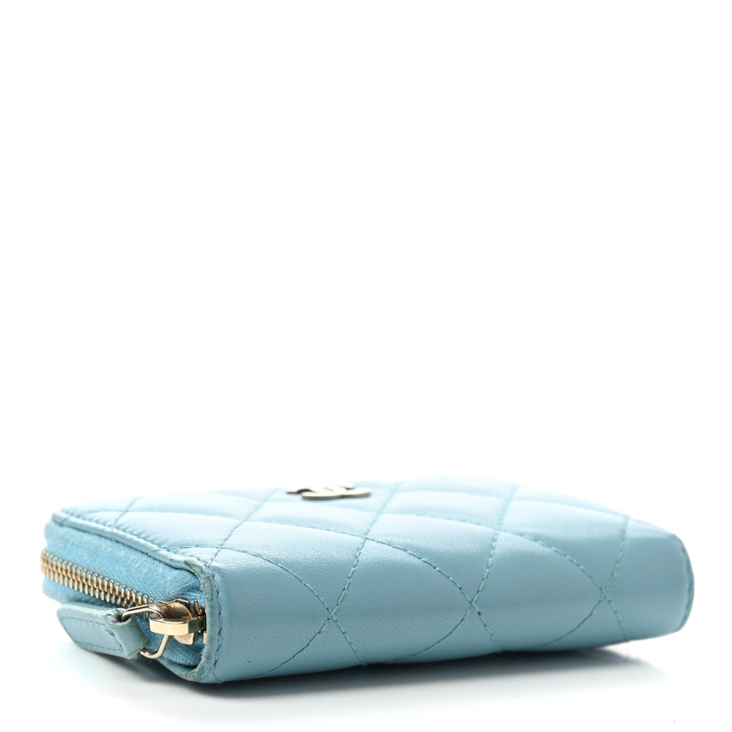 Lambskin Quilted Zip Around Coin Purse Wallet Light Blue