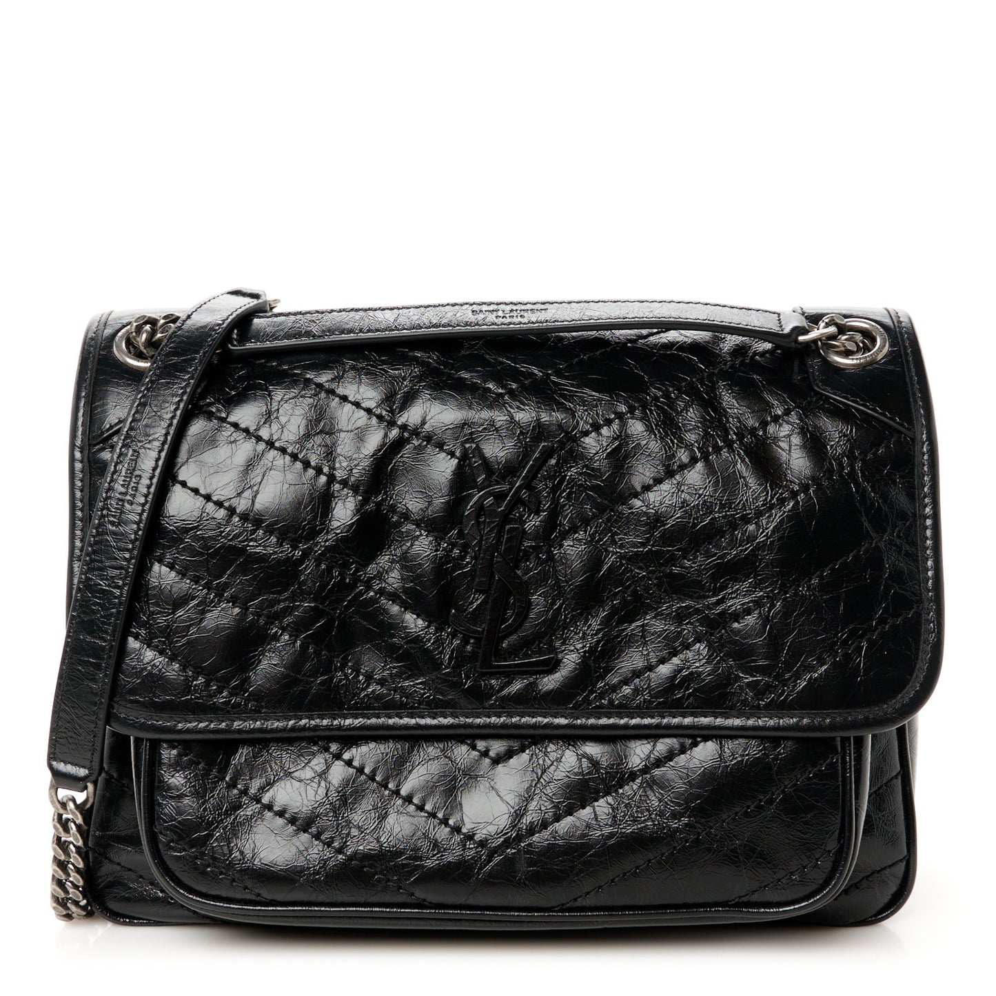Crinkled Calfskin Matelasse Monogram Medium Niki Chain Satchel Black