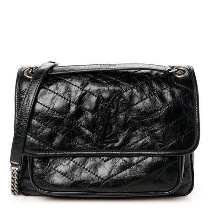Saint Laurent Crinkled Calfskin Matelasse Monogram Medium Niki Chain Satchel Black 1 of 11