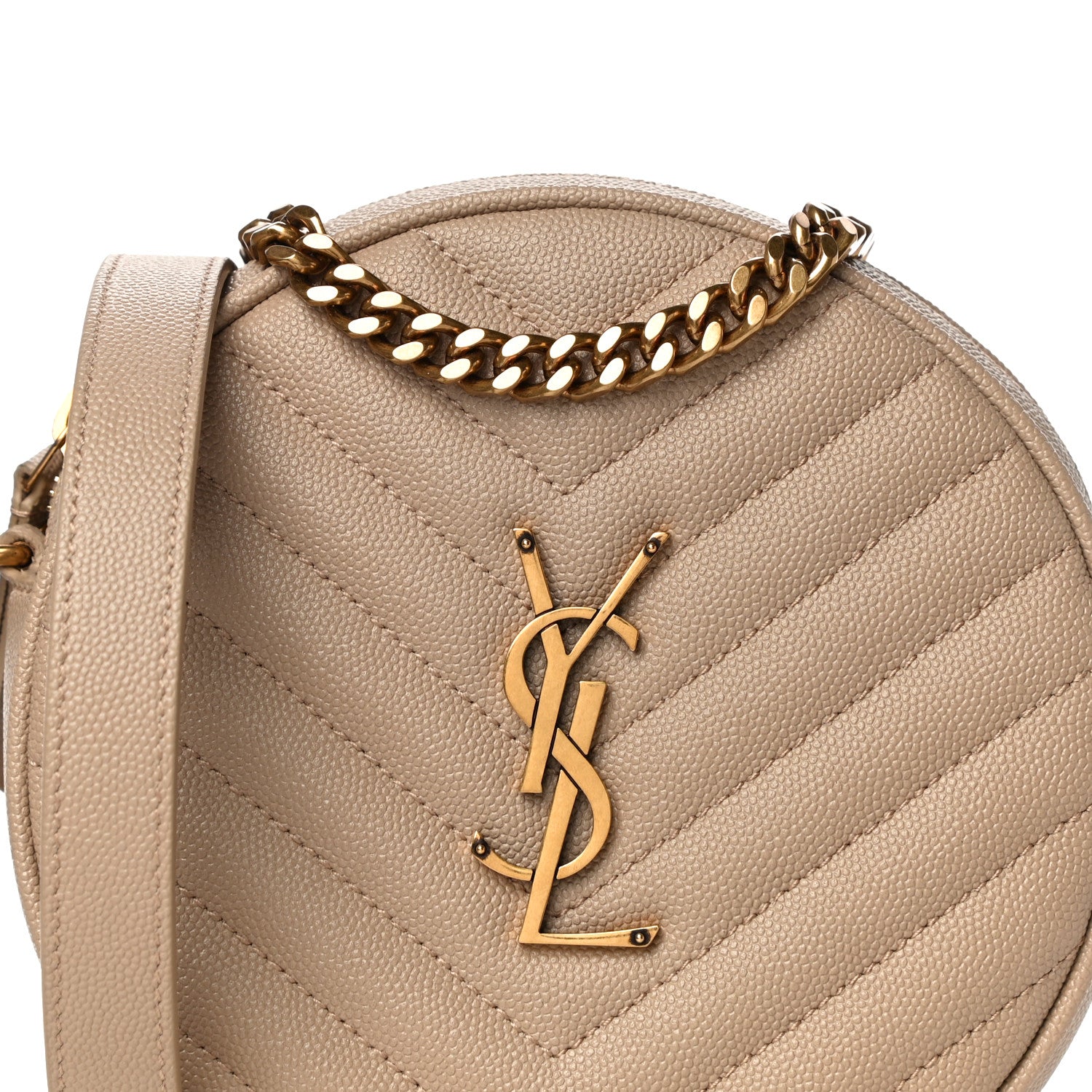 Saint Laurent Grain De Poudre Matelasse Chevron Quilted Round Vinyle Camera Bag Gold Sand 8 of 11