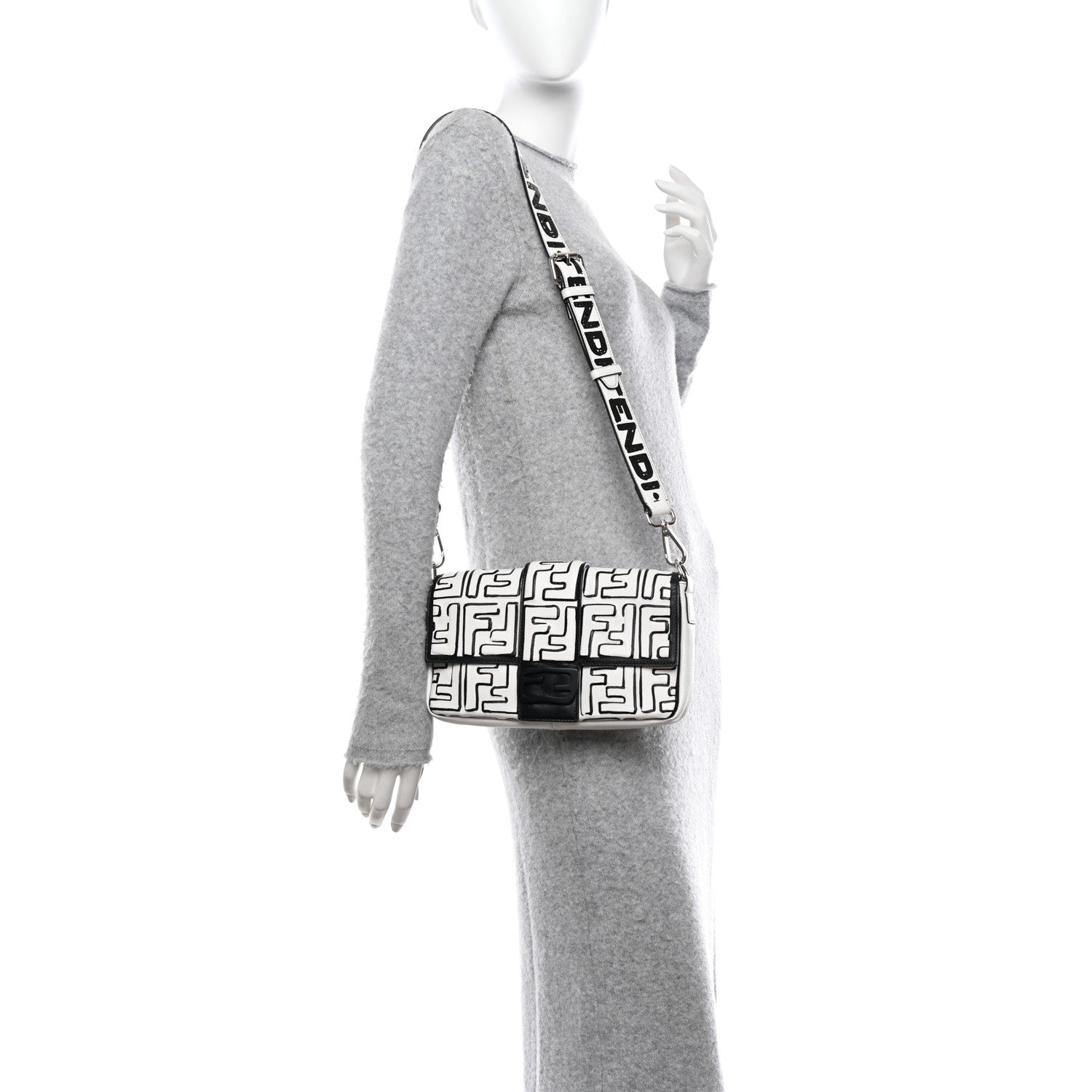 Fendi X JOSHUA VIDES Nappa FF Embossed Belt Baguette Bag White Black 2 of 11