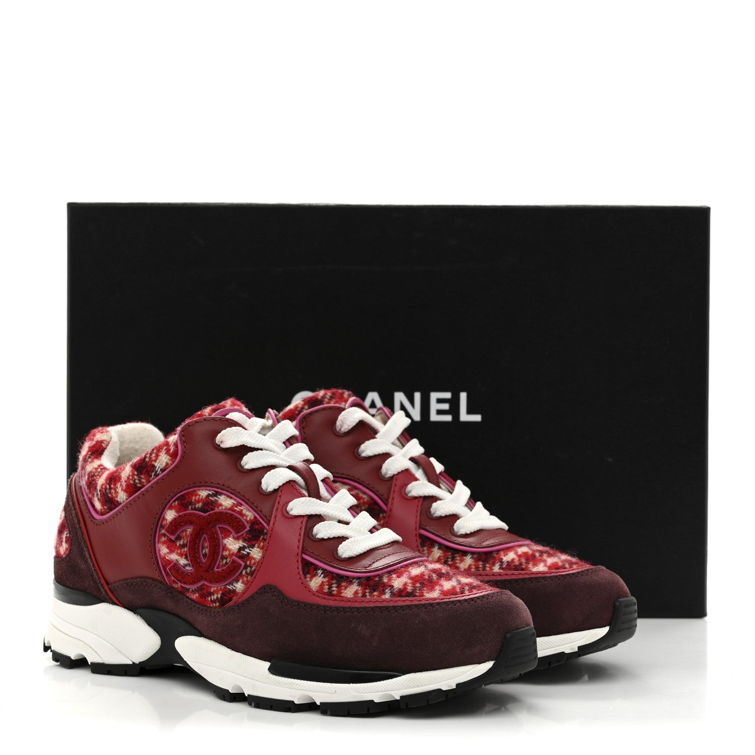 Chanel Wool Tweed Suede Calfskin Womens CC Sneakers 36 Red White Dark Brown Burgundy 10 of 10