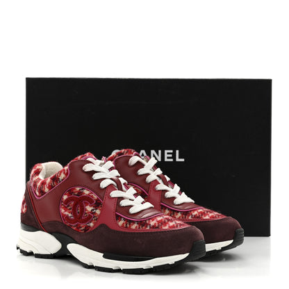 Chanel Wool Tweed Suede Calfskin Womens CC Sneakers 36 Red White Dark Brown Burgundy 10 of 10