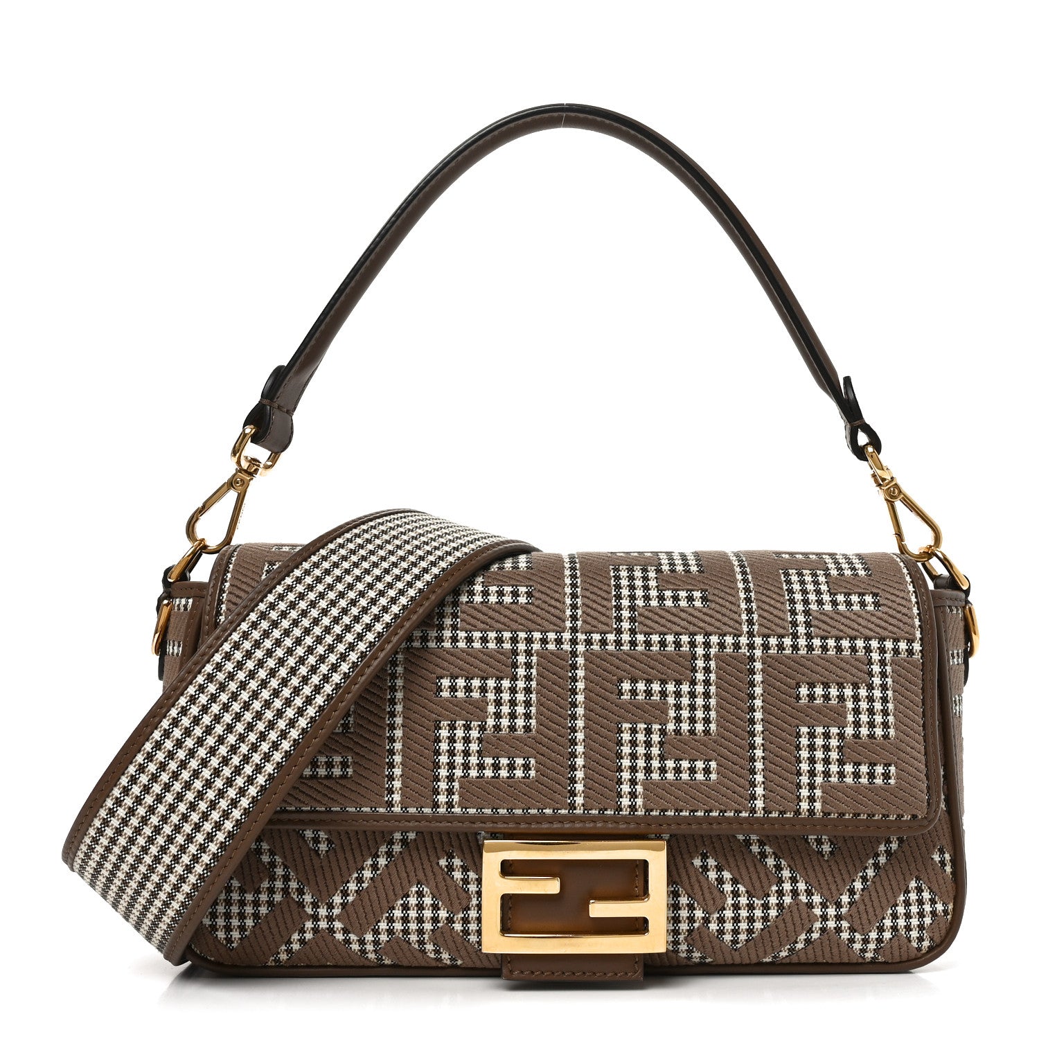 Fendi Wool Vitello King Houndstooth FF Embroidered Baguette Beige Moro 1 of 10