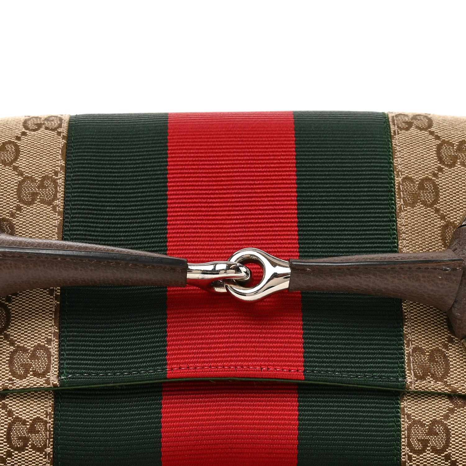 Gucci Monogram Textured Dollar Calfskin Heavy Grosgrain Web Medium Maxi Horsebit Chain Shoulder Bag Beige Ebony New Acero 8 of 10