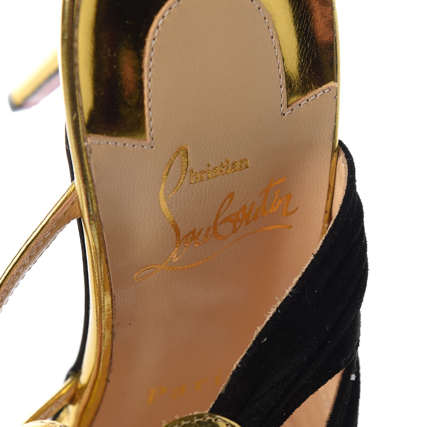Christian Louboutin Specchio Veau Velours Tina Cage 100 Ankle Strap Sandals 37 Gold Black 7 of 8