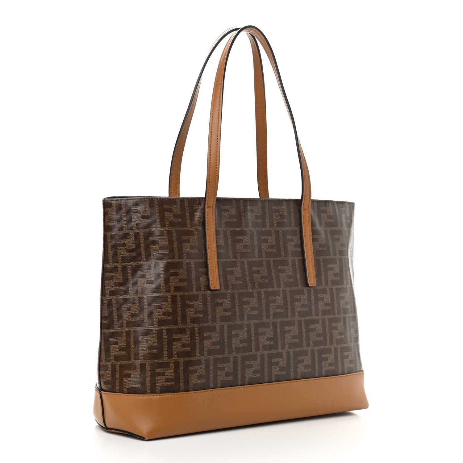 Fendi Glazed Fabric Vitello Century FF 1974 Stamp Patch Shopping Tote Mogano Panna Caramello 3 of 9