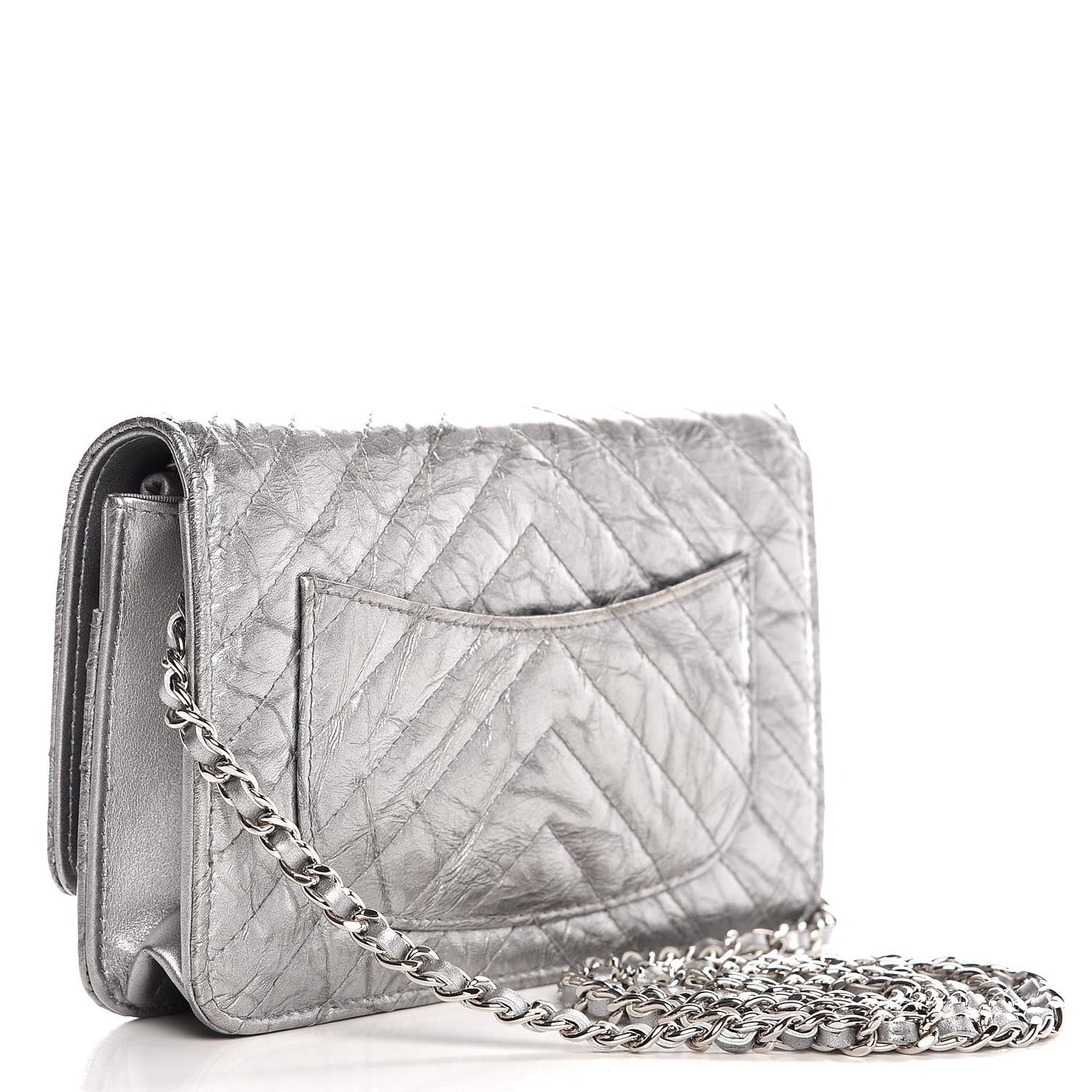 Patent Metallic Crumpled Calfskin Chevron Quilted Wallet On Chain WOC Silver