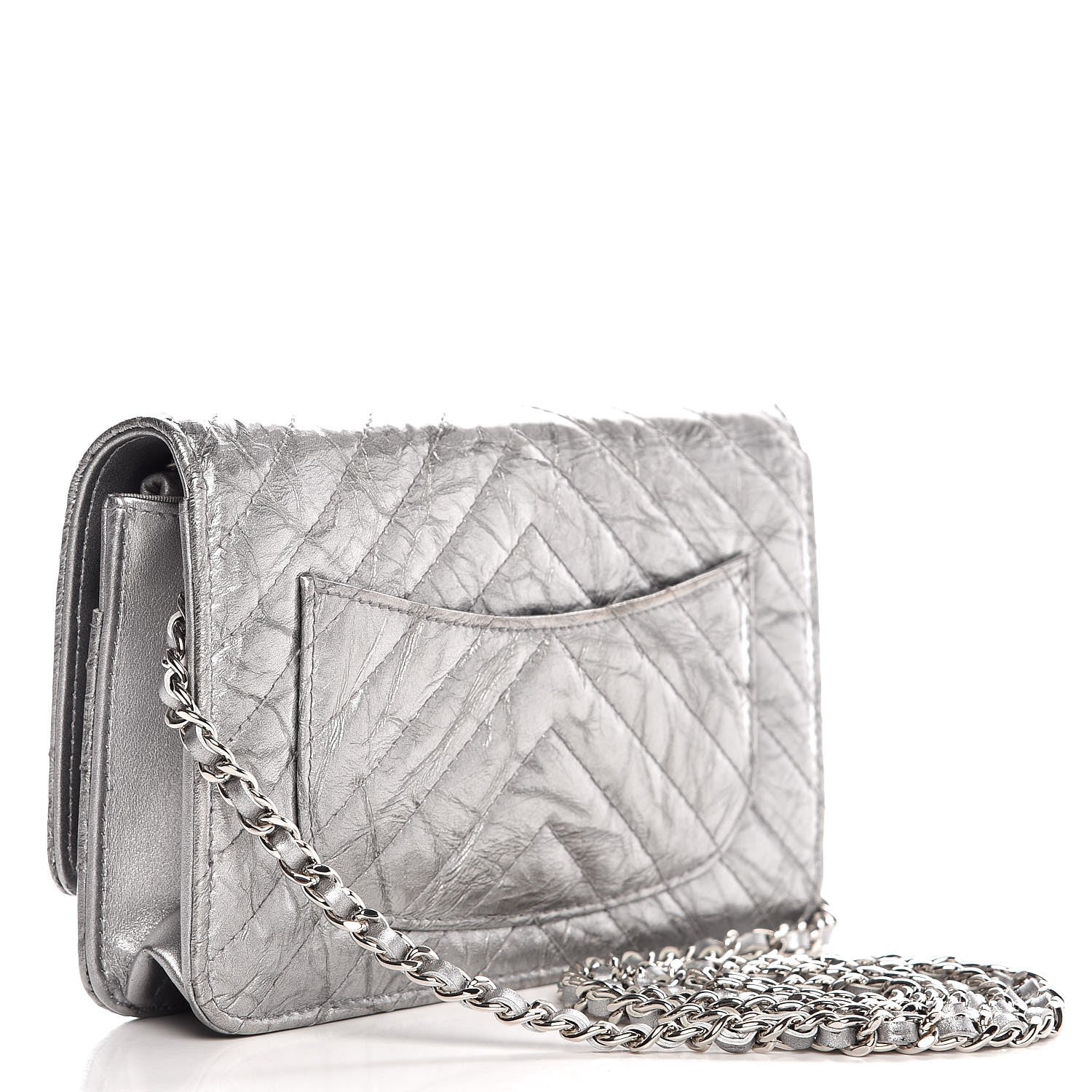 Chanel Patent Metallic Crumpled Calfskin Chevron Quilted Wallet On Chain WOC Silver 3 of 8