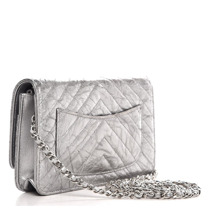 Chanel Patent Metallic Crumpled Calfskin Chevron Quilted Wallet On Chain WOC Silver 3 of 8